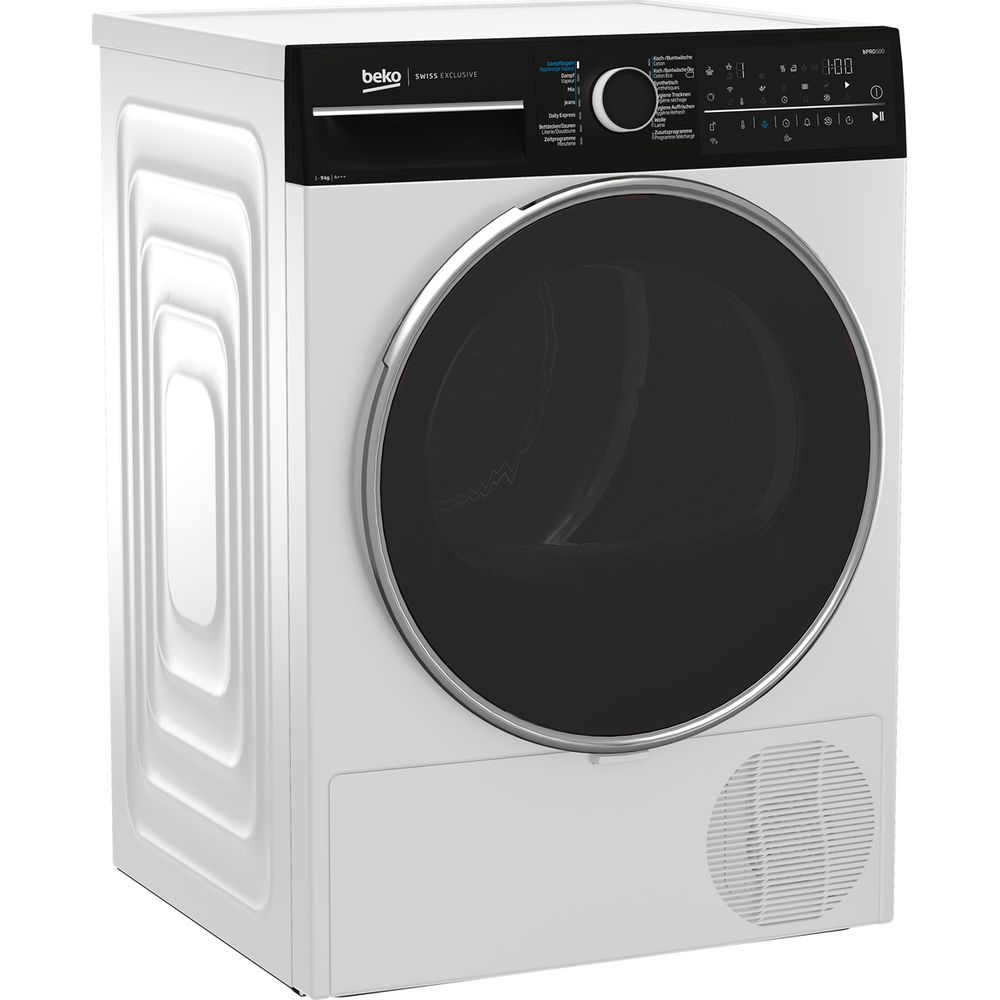 Asciugatrice bianca Beko Swiss Exclusive con pannello di controllo nero e oblò grande in ambiente chiaro.