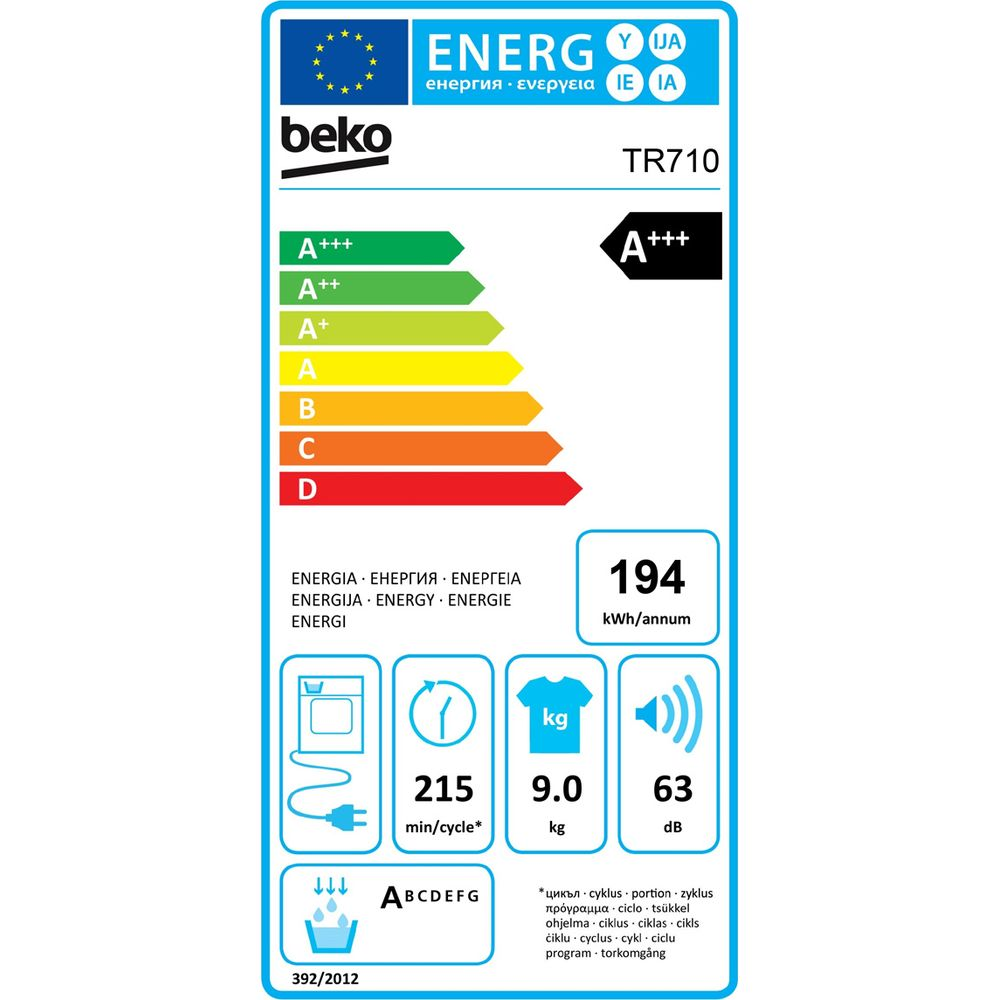 Etichetta energetica Beko TR710 con classe A+++, 194 kWh/anno e capacità di 9 kg.