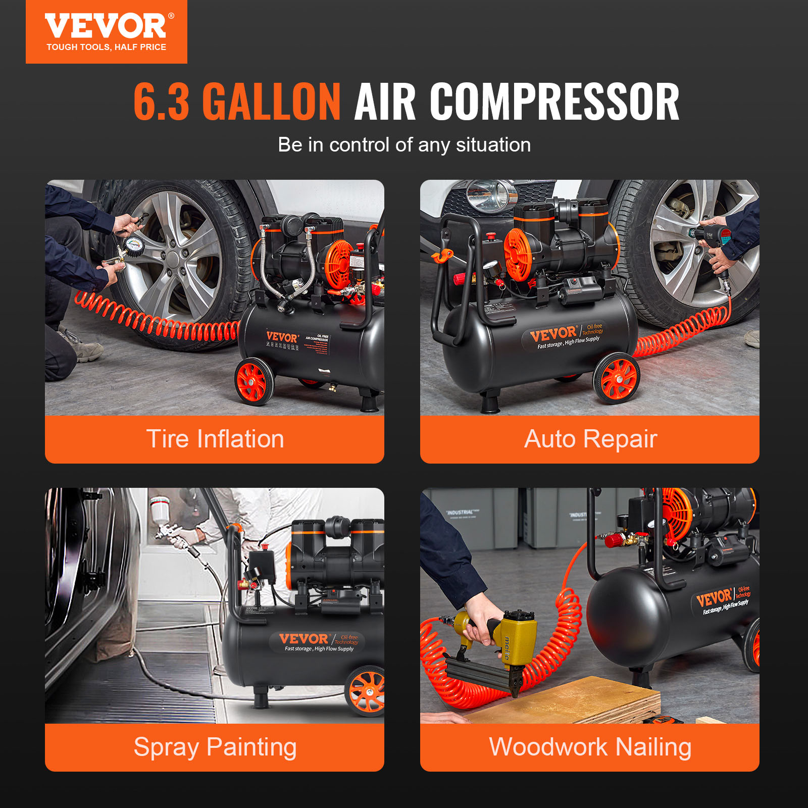 Un compresor de aire VEVOR de 6.3 galones usado para inflar neumáticos, reparación de autos, pintura y carpintería.