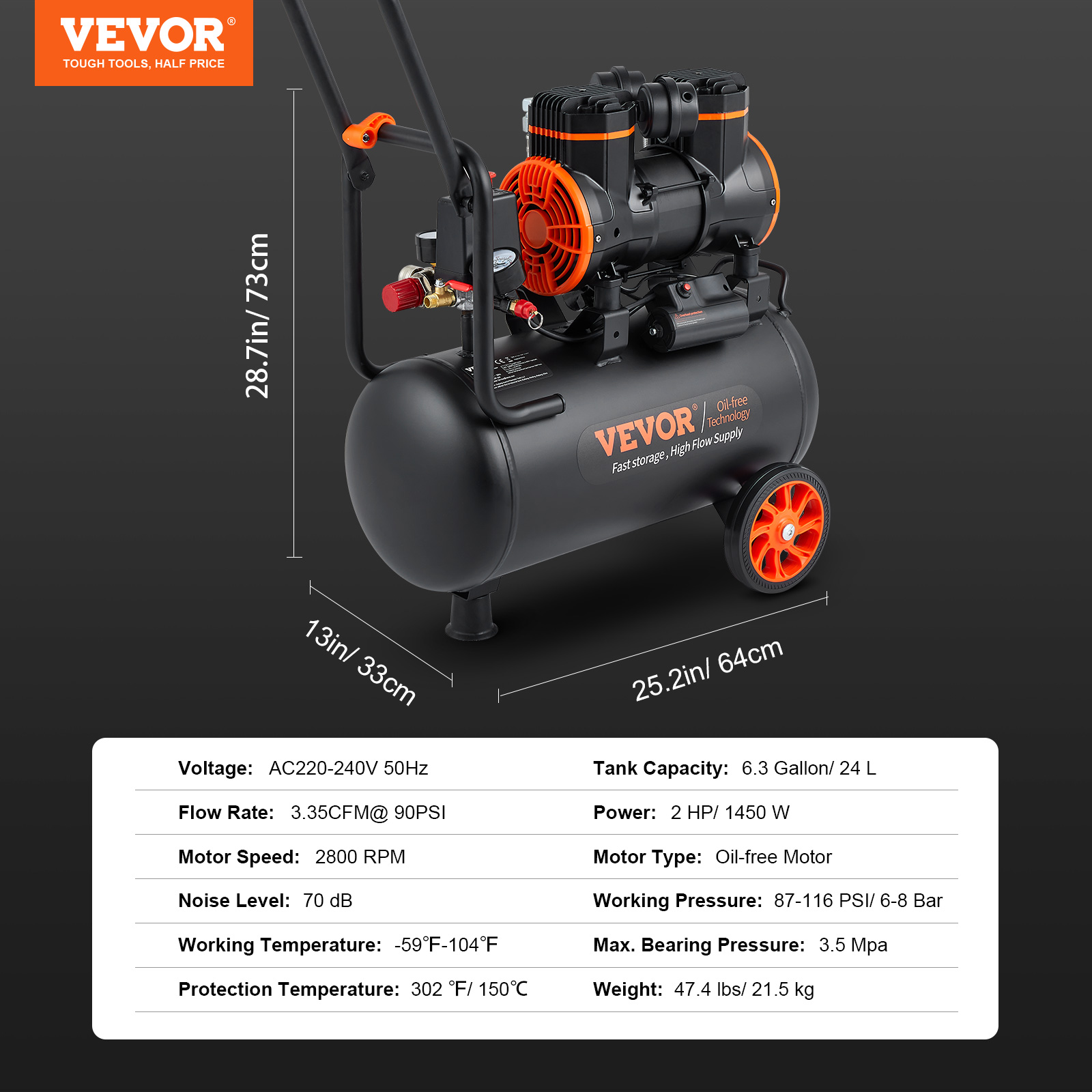 Un compresor de aire Vevor negro y naranja con dimensiones y una tabla de especificaciones.
