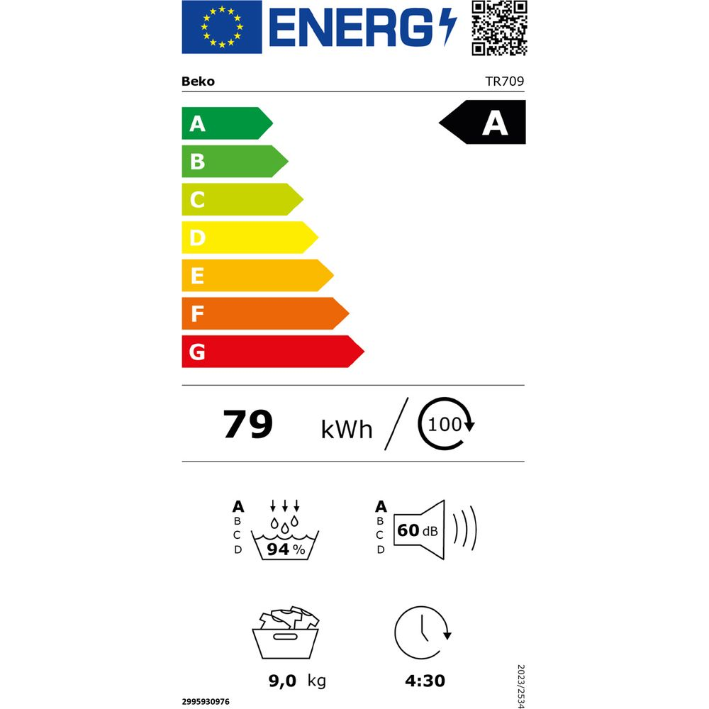Beko-Energieeffizienzlabel A, 79 kWh, 9,0 kg, 60 dB Geräuschemission.
