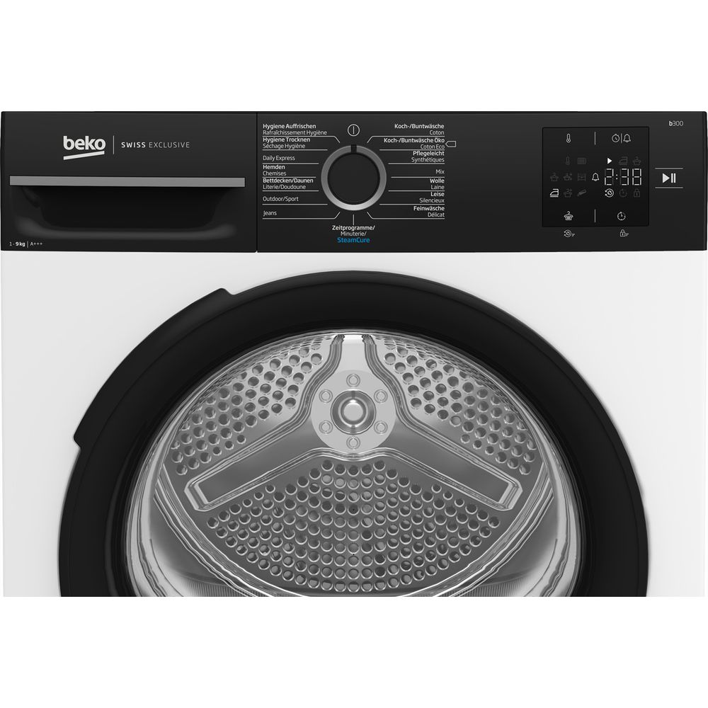 Beko Waschmaschine Bedienfeld mit Drehregler und Digitalanzeige über der Glastür.