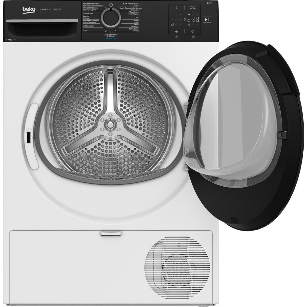 Frontansicht eines weißen Beko Wäschetrockners mit geöffneter schwarzer Glastür und einer Edelstahltrommel.