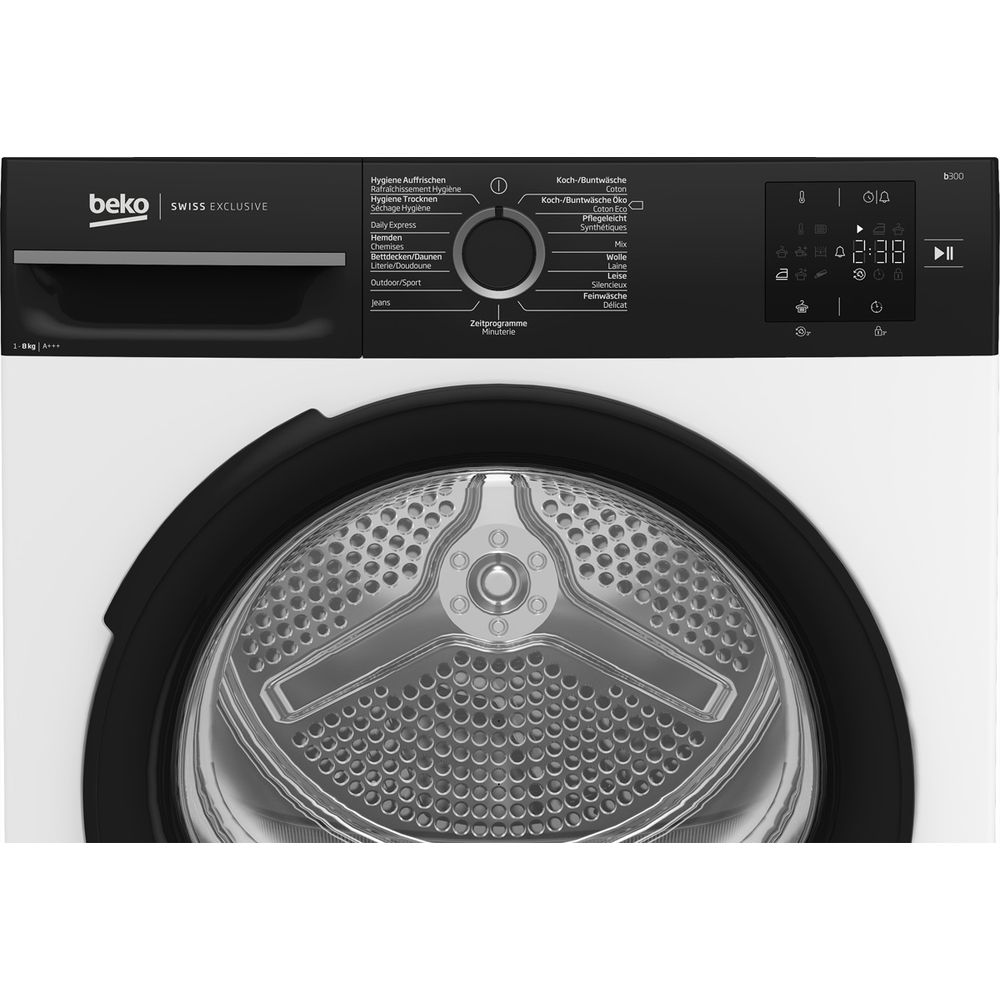 Beko Trockner in Weiß und Schwarz mit digitalem Display und runder Trommel.