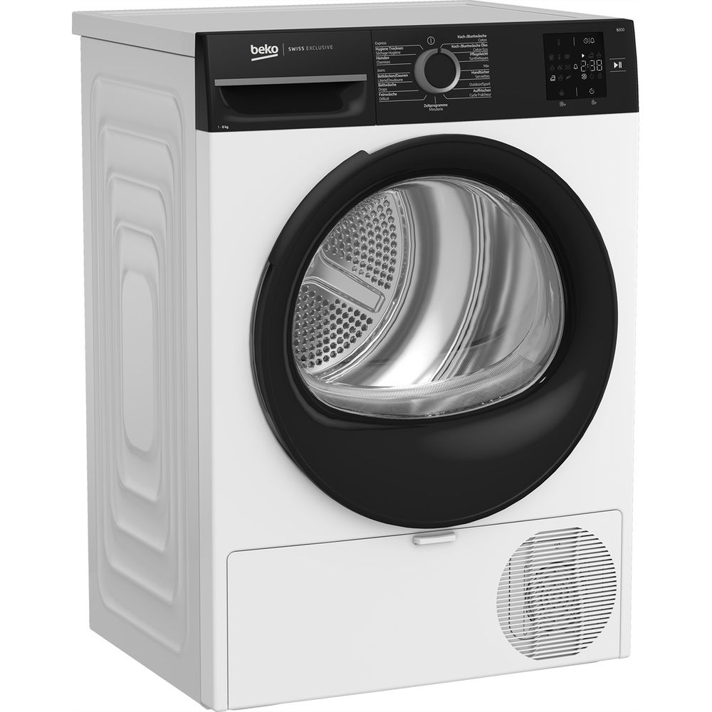 Weißer Beko Wäschetrockner mit schwarzem Bedienfeld und runder Glastür.