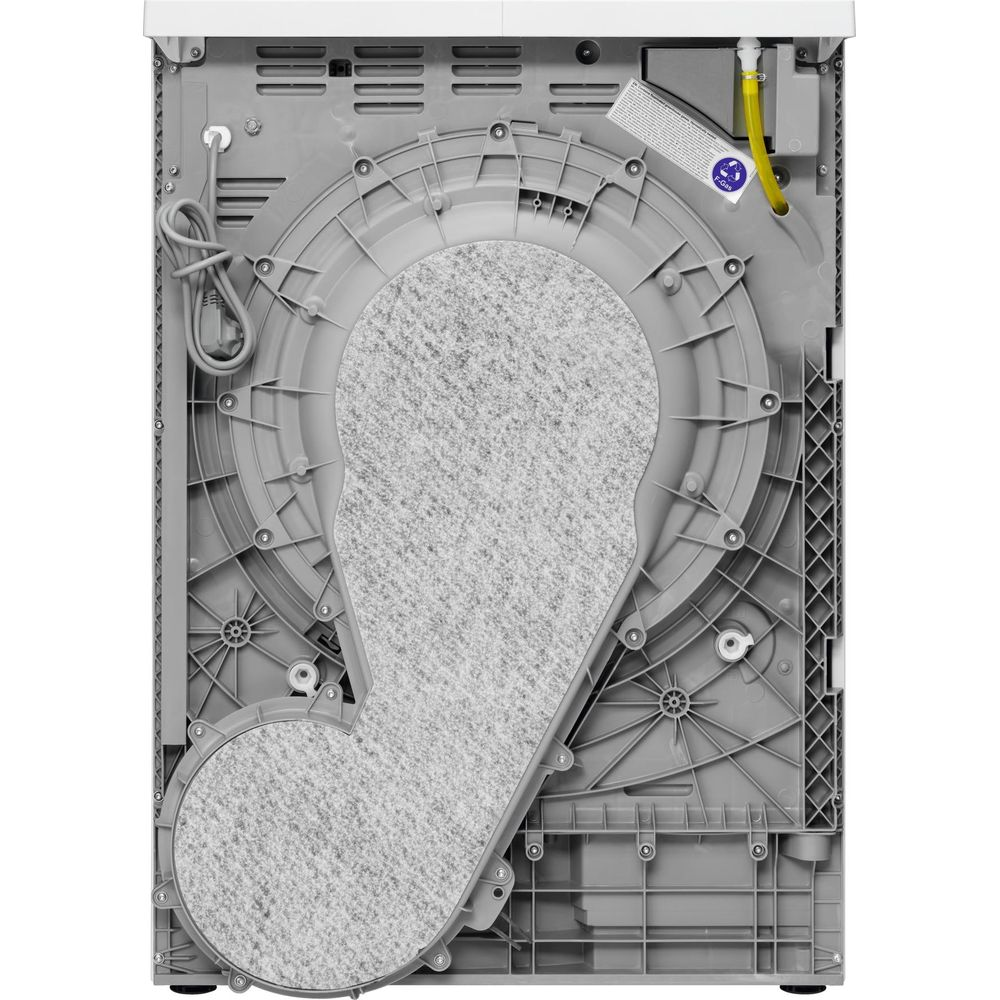Rückseite eines weißen Geräts mit mechanischen Innenteilen, grauem Kunststoffgehäuse und gelbem Schlauch.