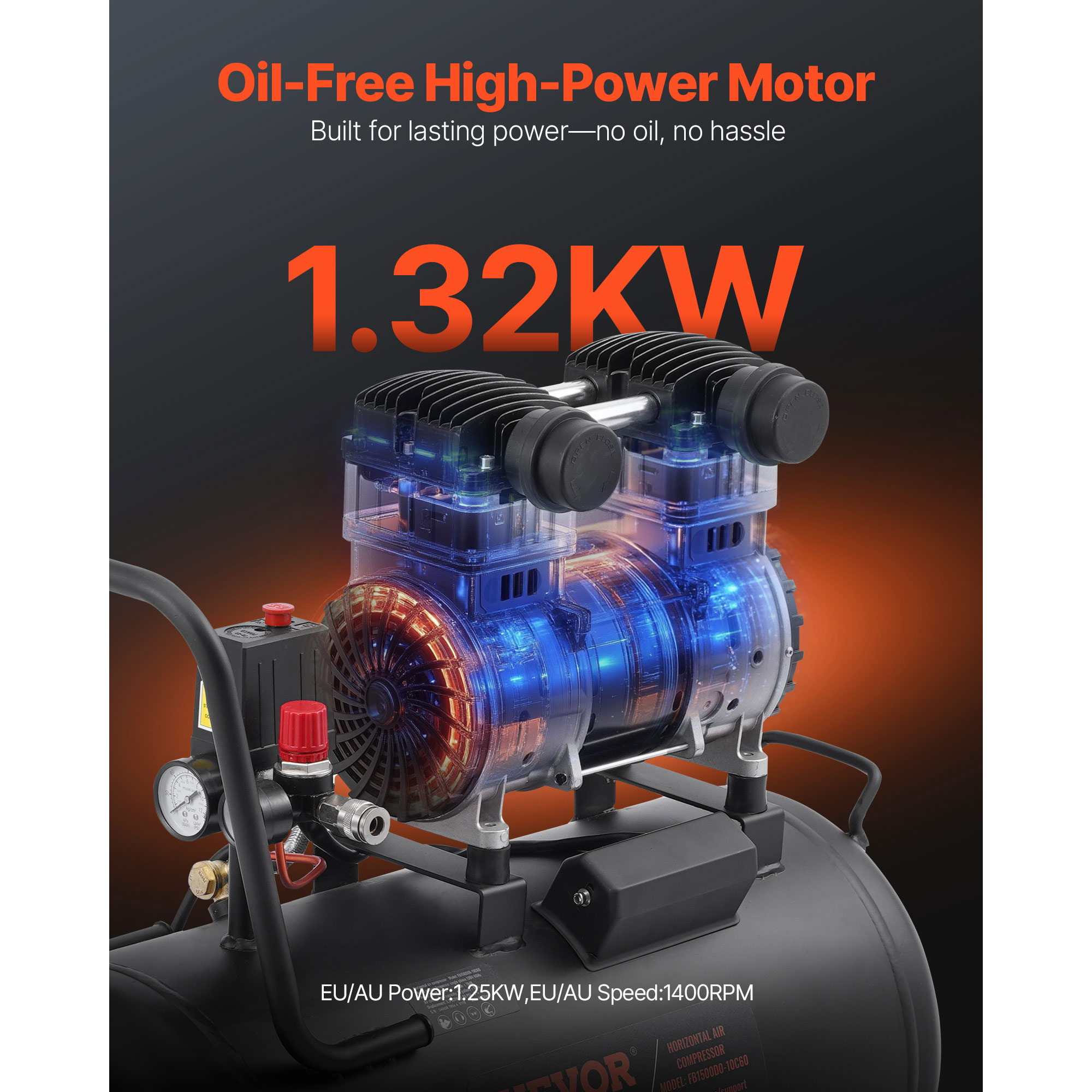Motor de compresor de aire de alta potencia de 1.32KW sin aceite resaltado en azul.