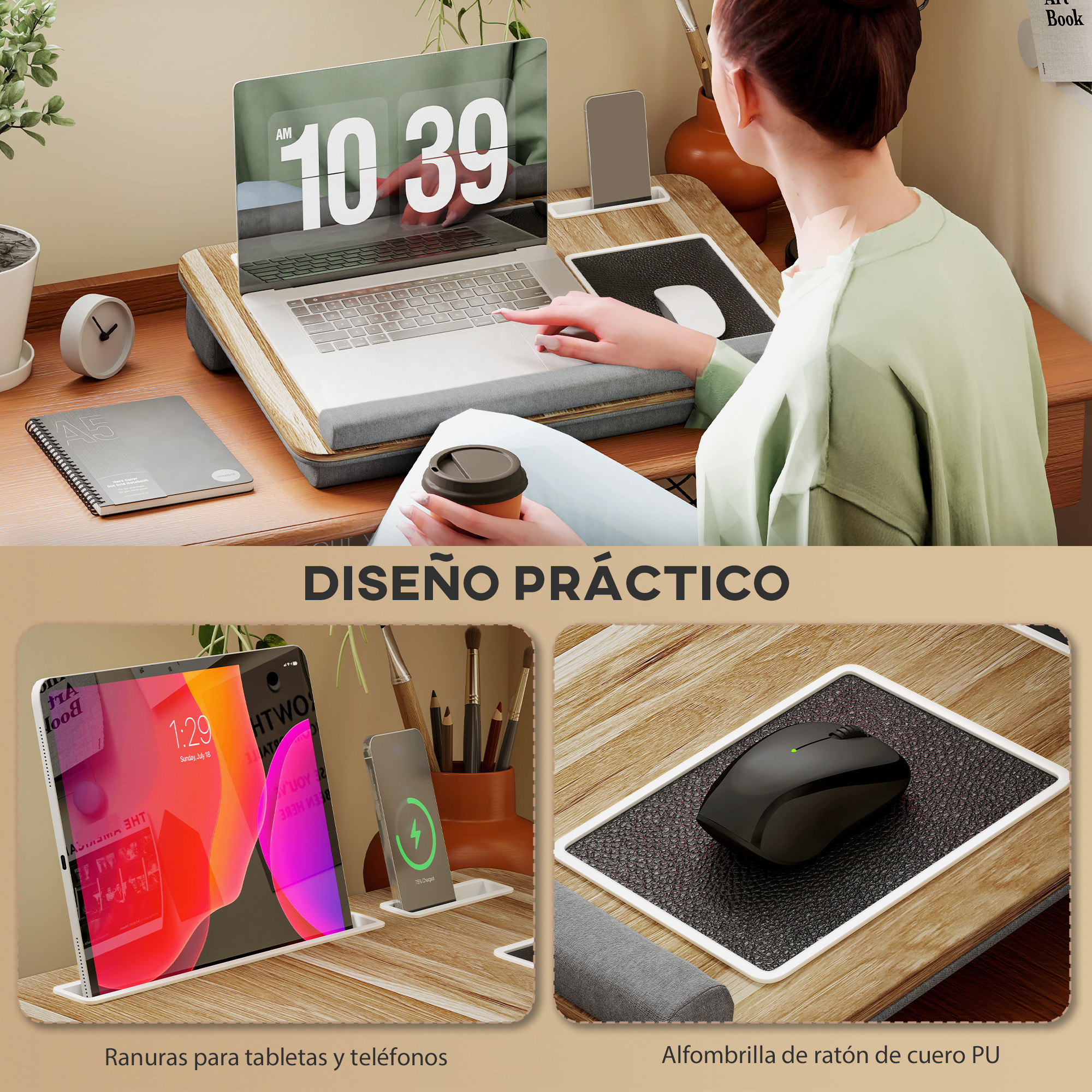 Una mujer trabaja en una laptop en un escritorio de madera con ranuras para dispositivos y alfombrilla.