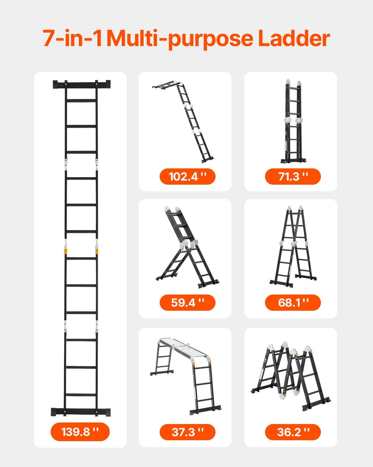 Una infografía muestra siete configuraciones y medidas diferentes para una escalera multiusos negra 7 en 1.