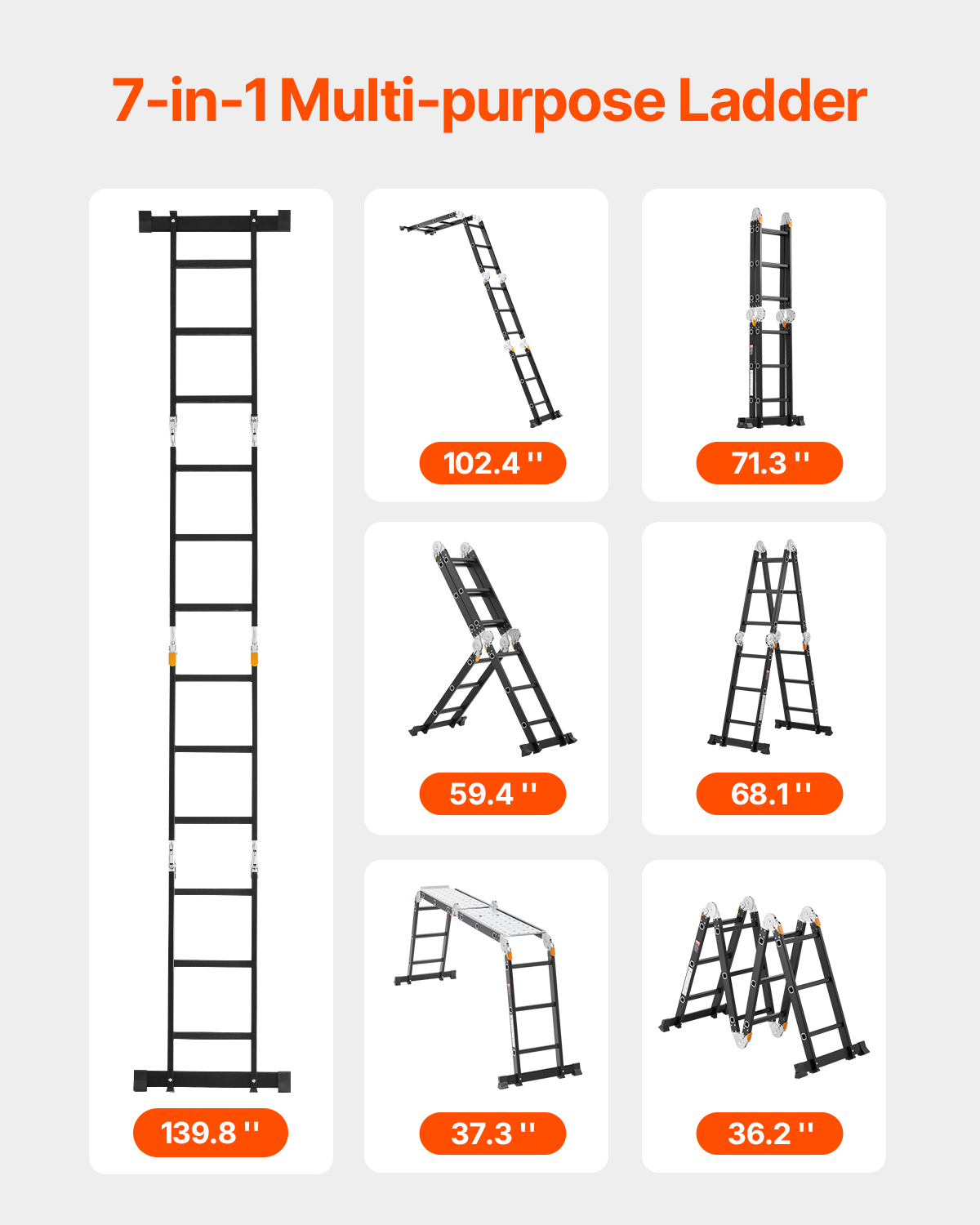 Una infografía muestra siete configuraciones diferentes de una escalera multipropósito negra 7 en 1 con medidas.