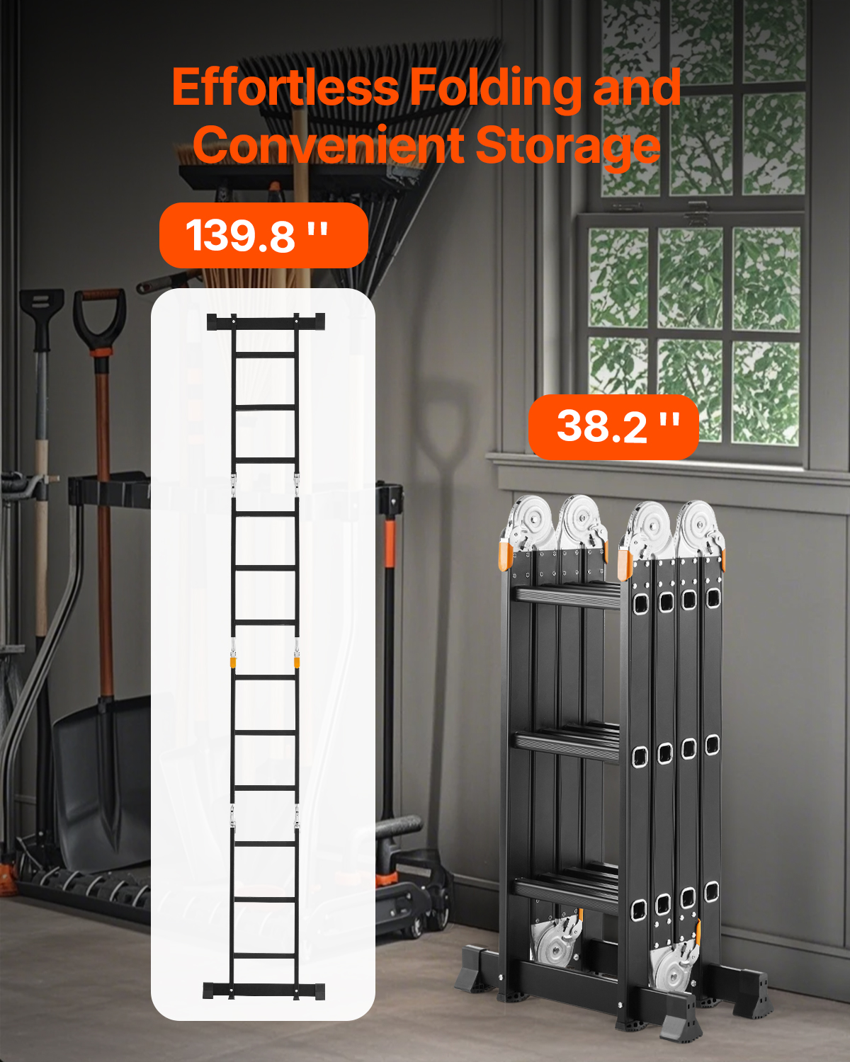 Escalera plegable negra en un cobertizo con dimensiones de 139.8 y 38.2 pulgadas.