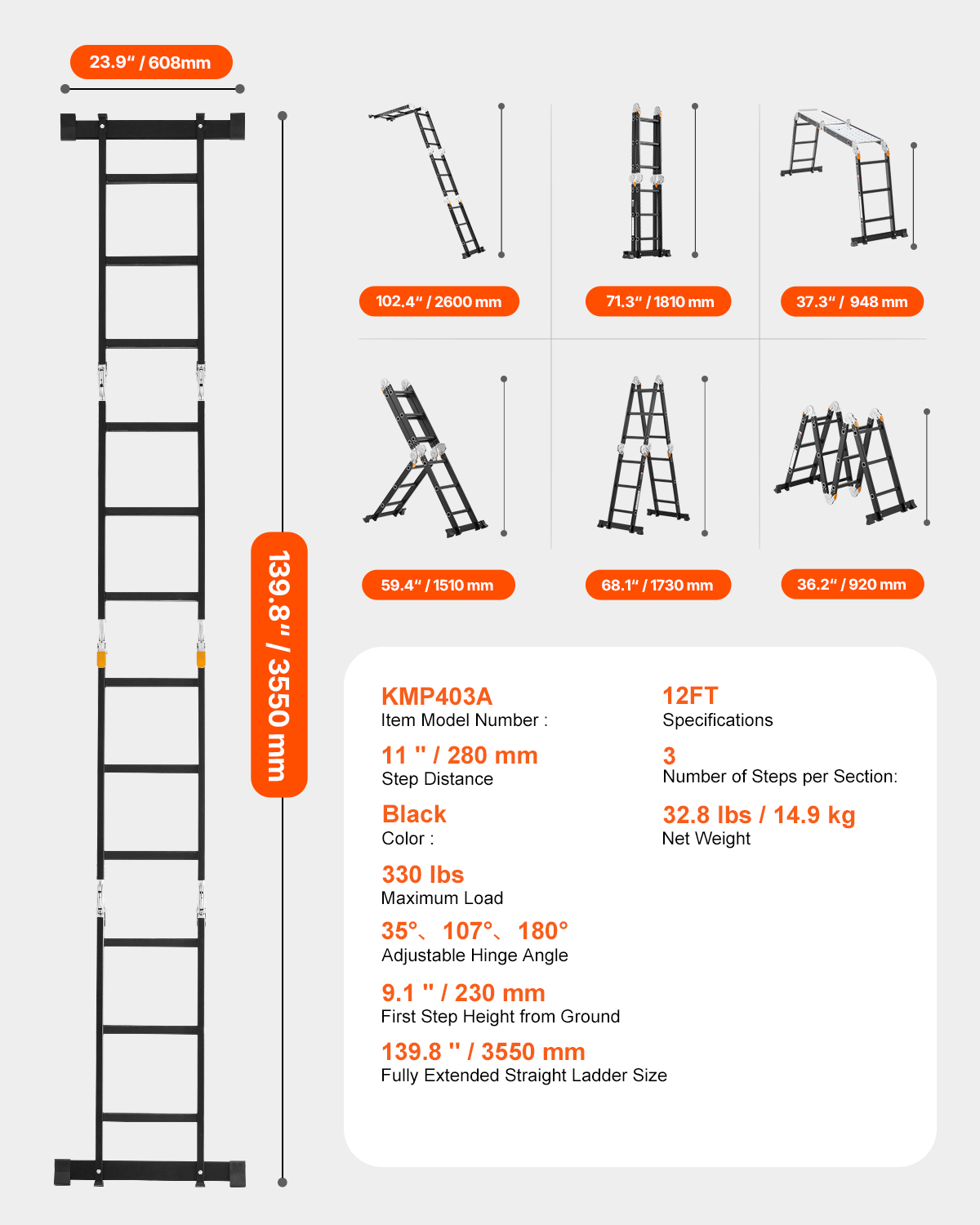 Dibujo técnico de una escalera multifunción negra con dimensiones y ejemplos de configuración.