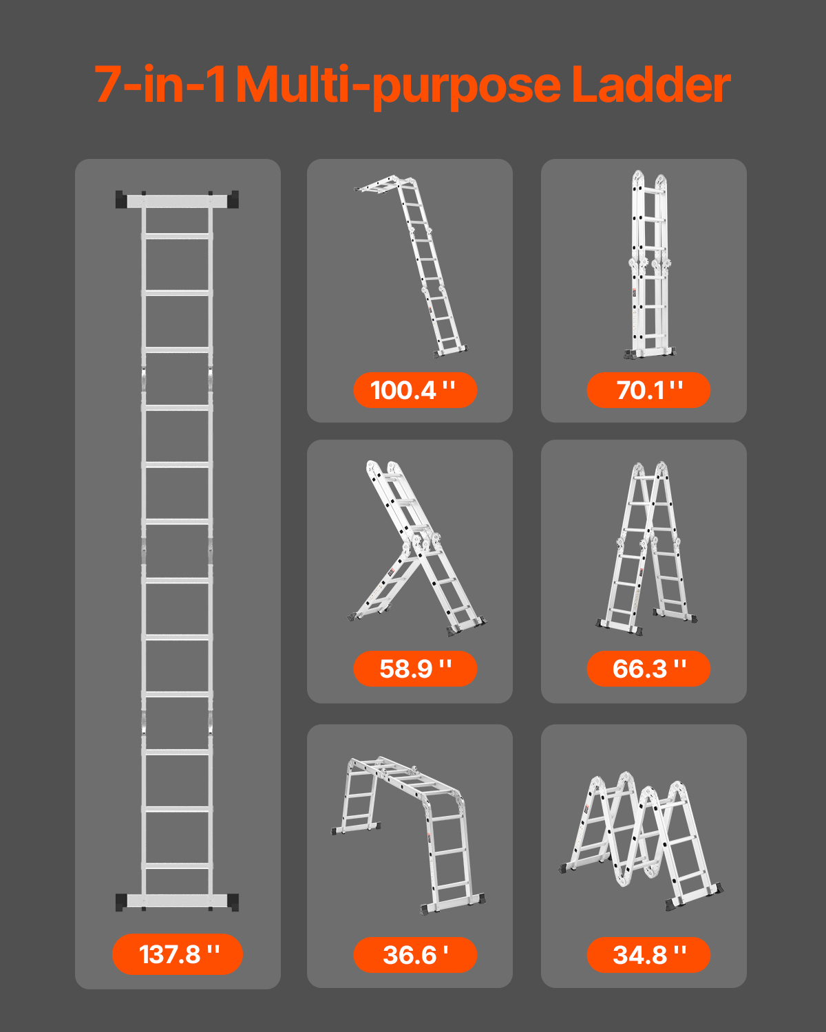 Una infografía muestra una escalera multiusos 7 en 1 en siete configuraciones diferentes con sus alturas.