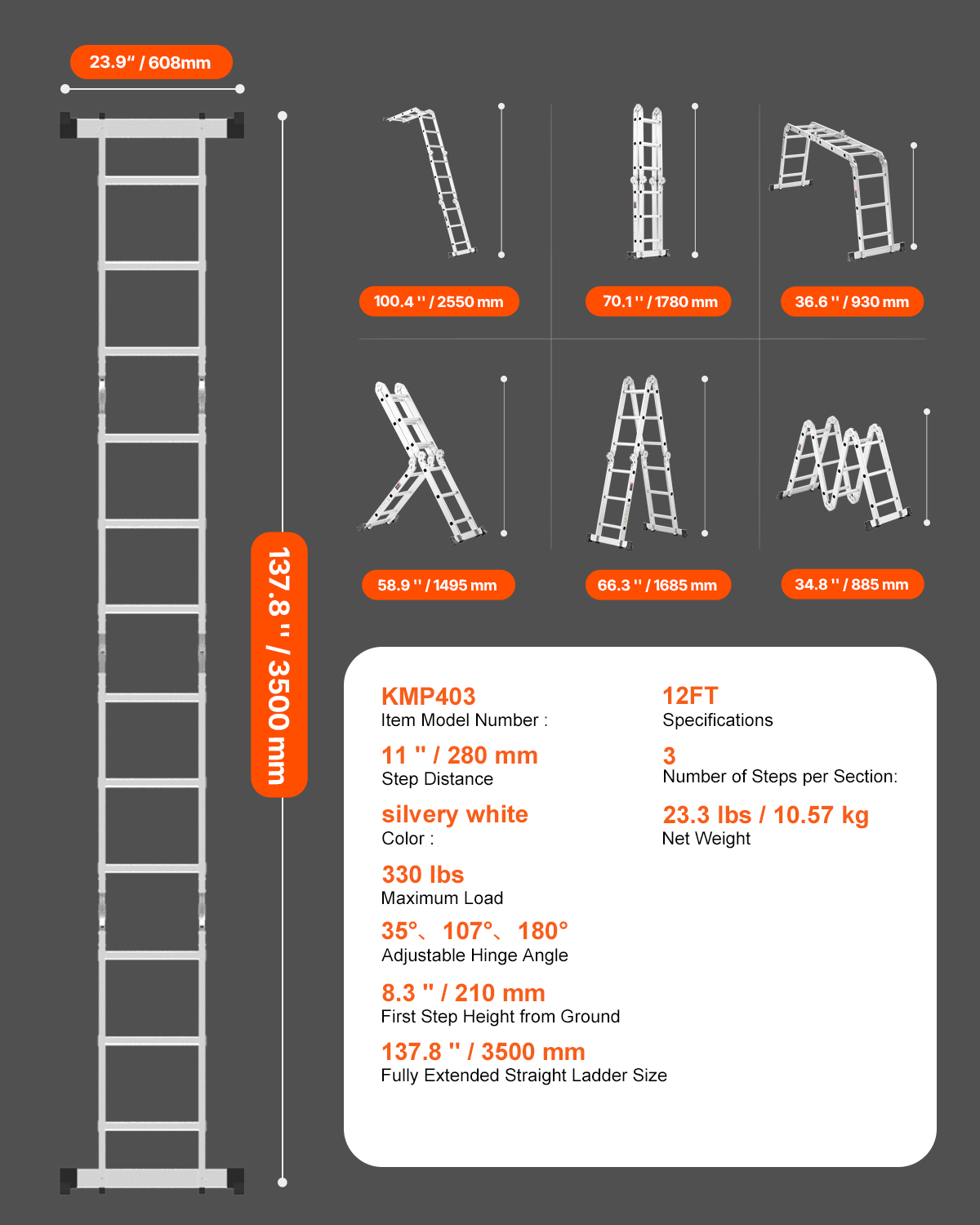 Dibujo técnico y dimensiones de una escalera de aluminio blanco plateado de 12 pies.