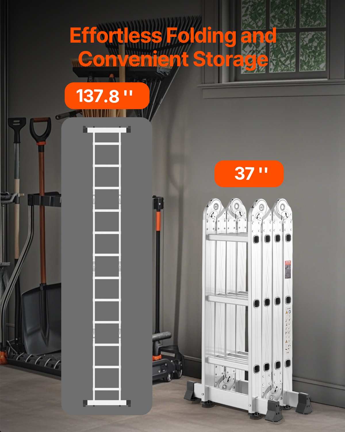 Una escalera de aluminio extensible en un cobertizo con medidas de 137.8 y 37 pulgadas.