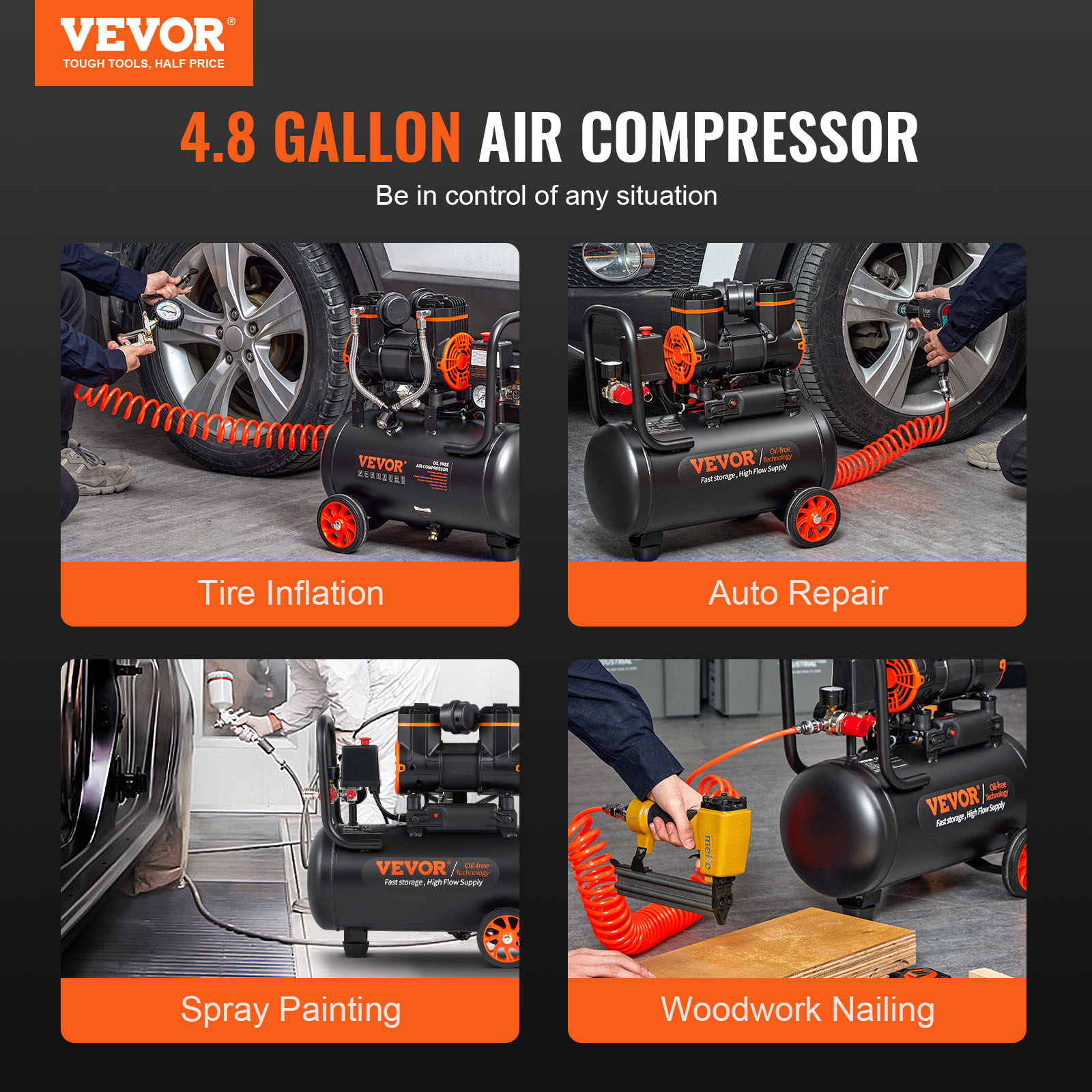 Compresor de aire Vevor de 4.8 galones usado para inflar neumáticos, reparación de autos, pintura y clavado en madera.