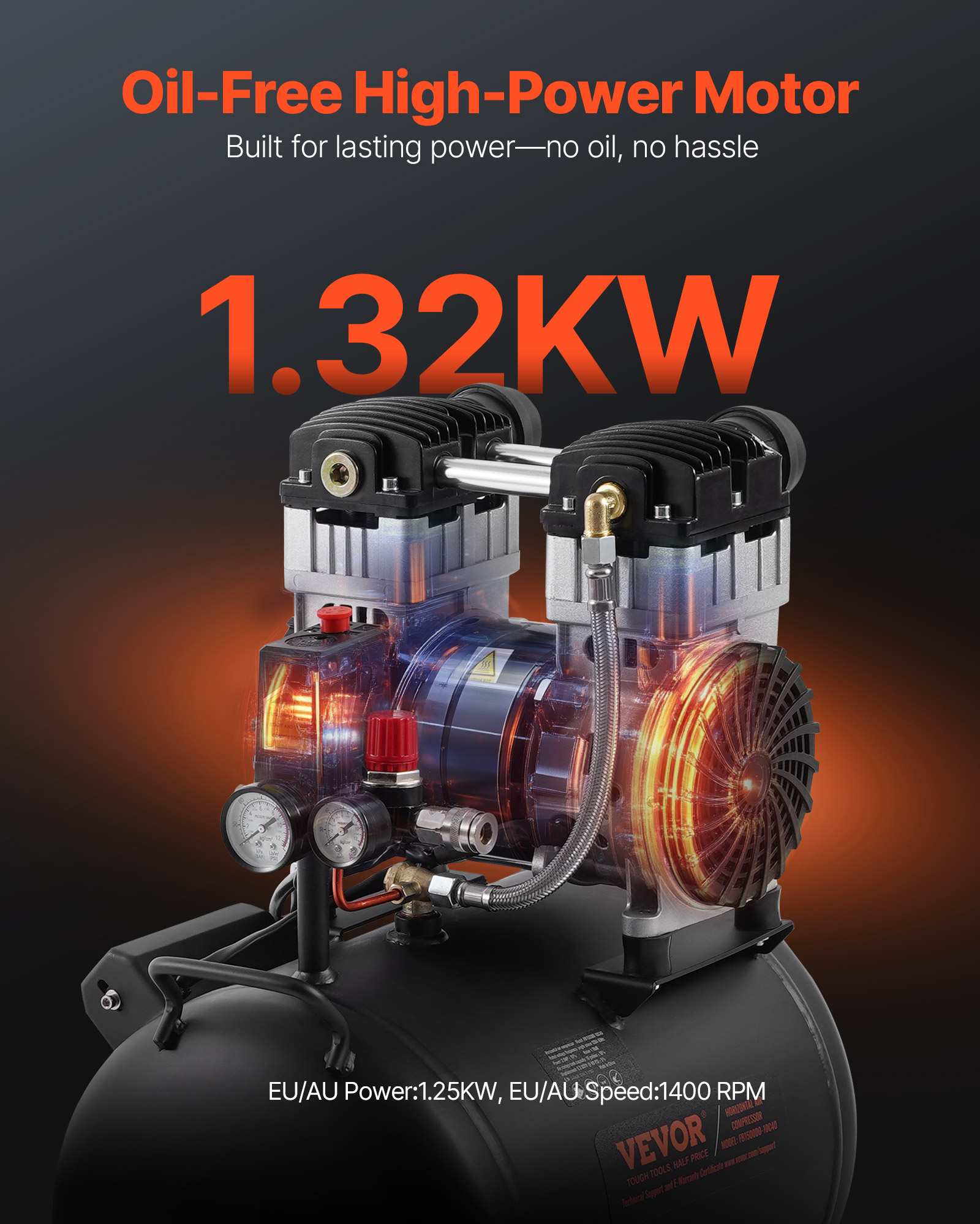 Un compresor de aire de alta potencia sin aceite con un motor de 1.32KW montado en un tanque negro.