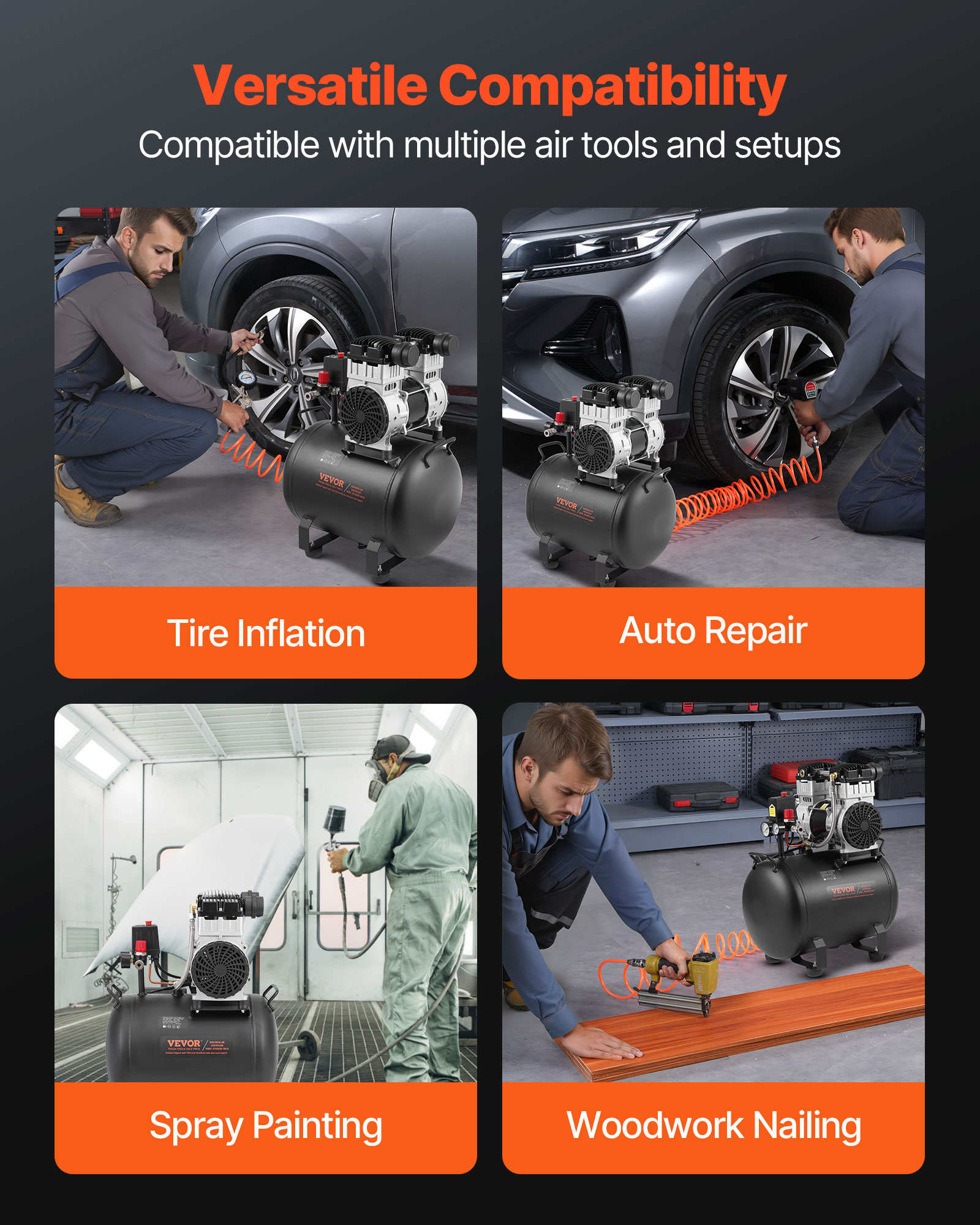 Cuatro imágenes muestran un compresor de aire negro utilizado para inflar neumáticos, reparar autos, pintar y clavar.