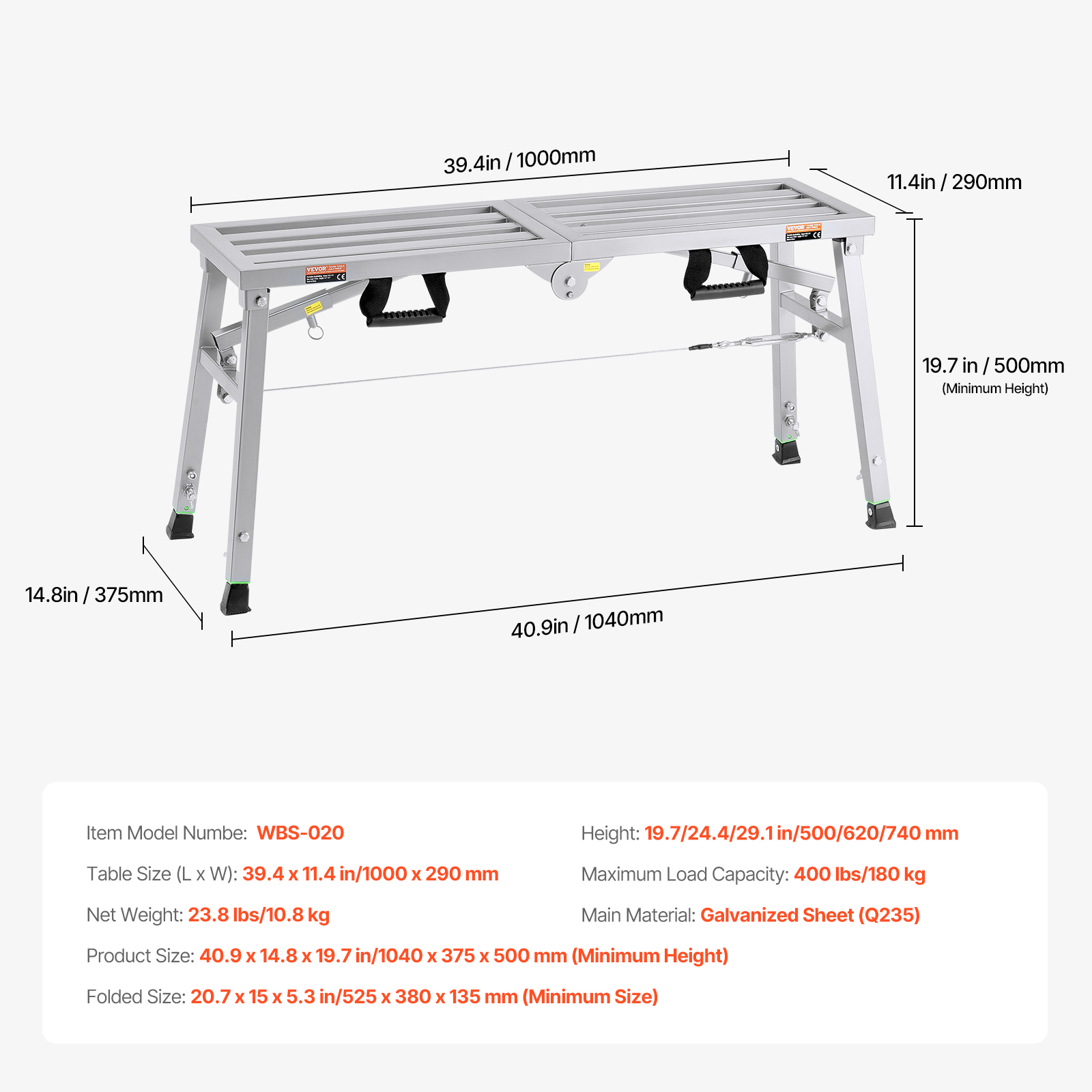 Una plataforma de trabajo plegable plateada con dimensiones y especificaciones abajo sobre fondo blanco.