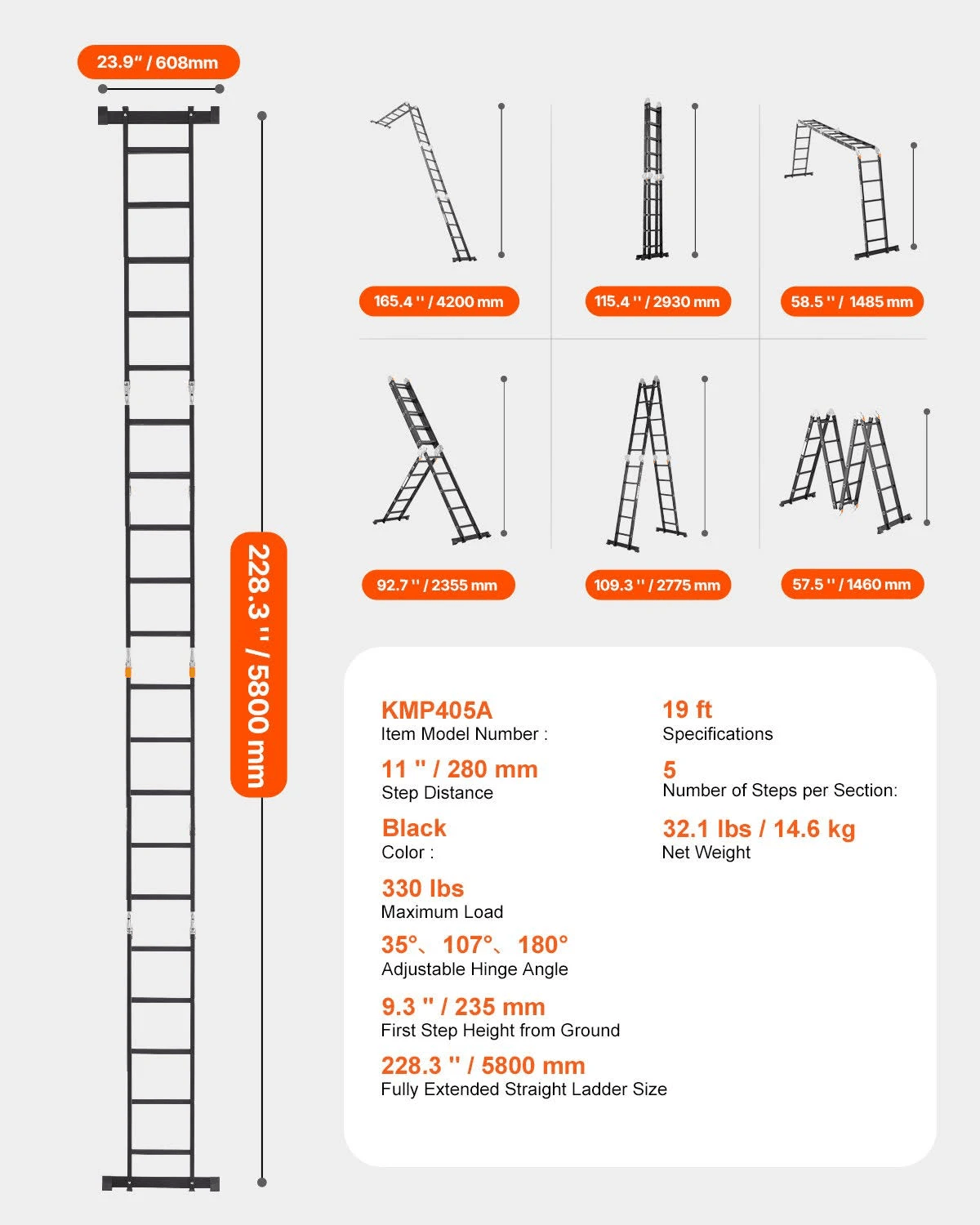 Diagrama que muestra dimensiones y configuraciones de una escalera multiusos negra con especificaciones técnicas.