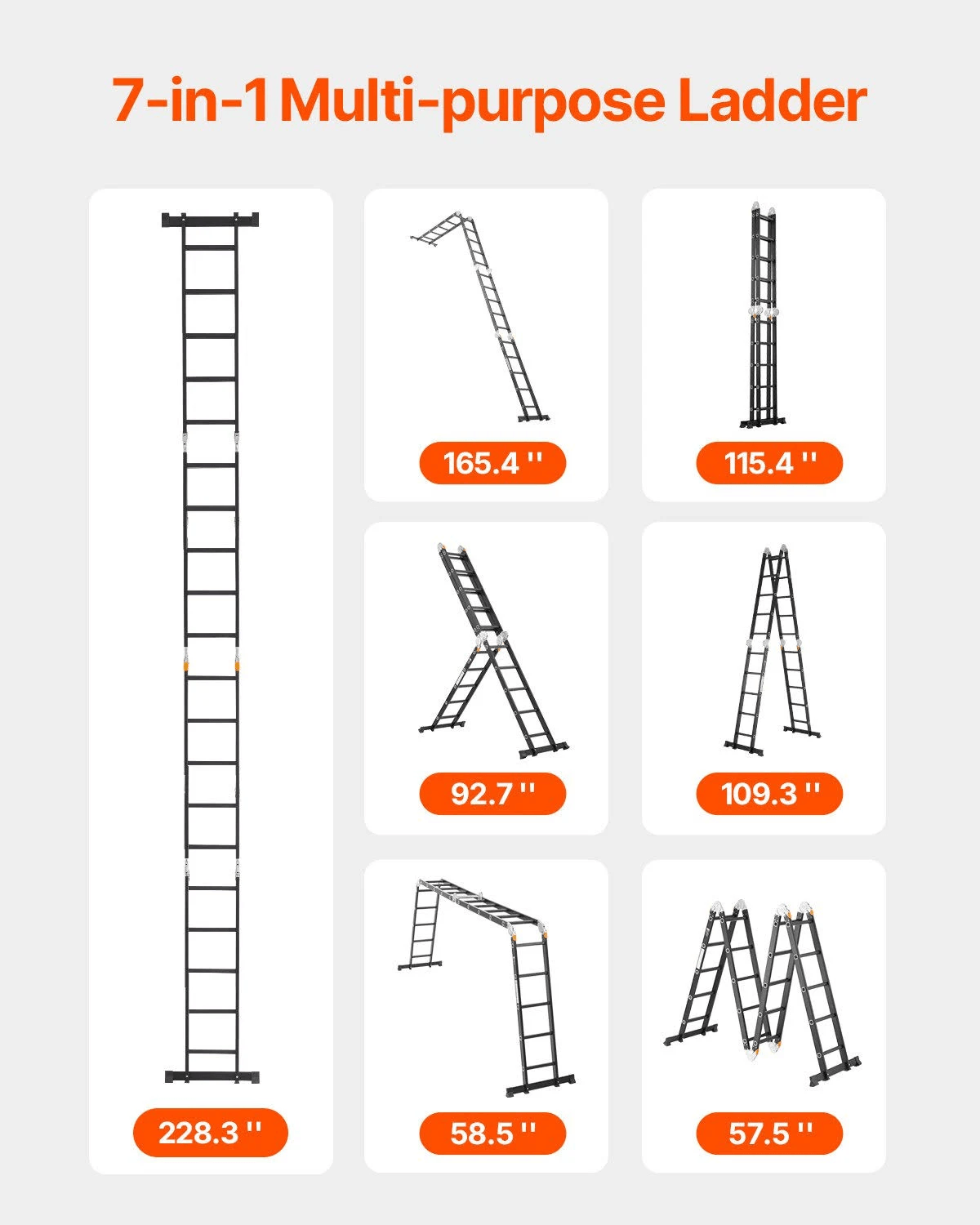 El diagrama muestra siete configuraciones diferentes de una escalera multipropósito negra 7 en 1 con medidas.