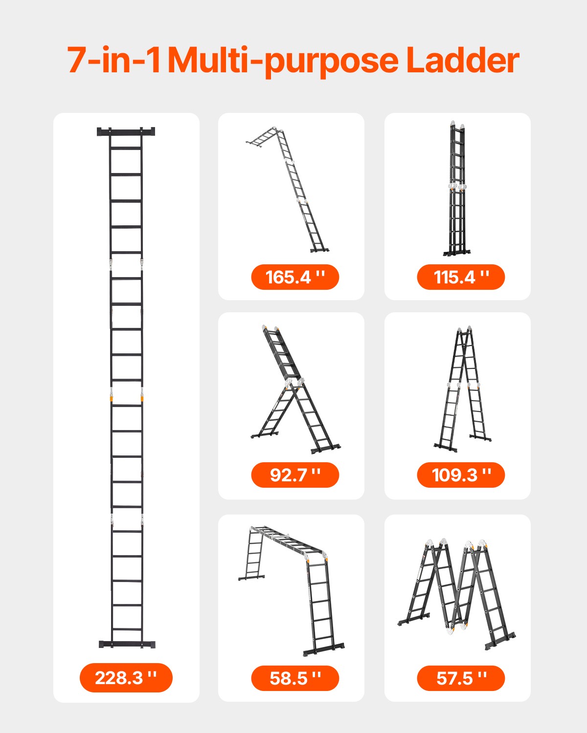 El diagrama muestra siete configuraciones de una escalera multiusos negra de 7 en 1 con medidas.