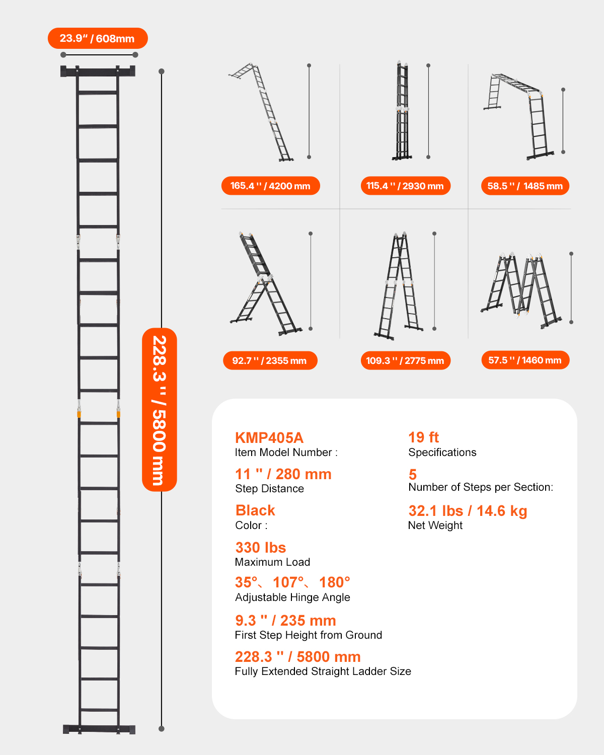 Dibujo técnico y dimensiones de una escalera multiusos negra que muestra varias configuraciones.