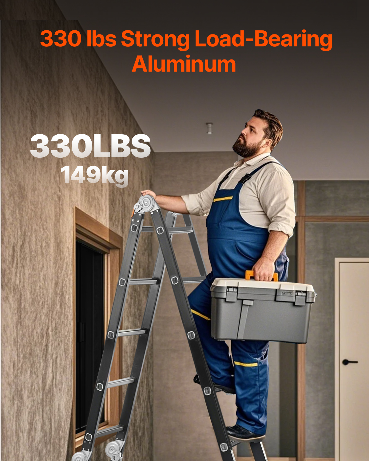 Un trabajador con mono azul y caja de herramientas sube una escalera de aluminio gris. Texto indica capacidad de 330 lbs.