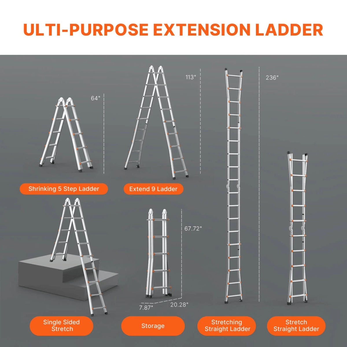 El diagrama muestra varias configuraciones y medidas de una escalera extensible multipropósito.