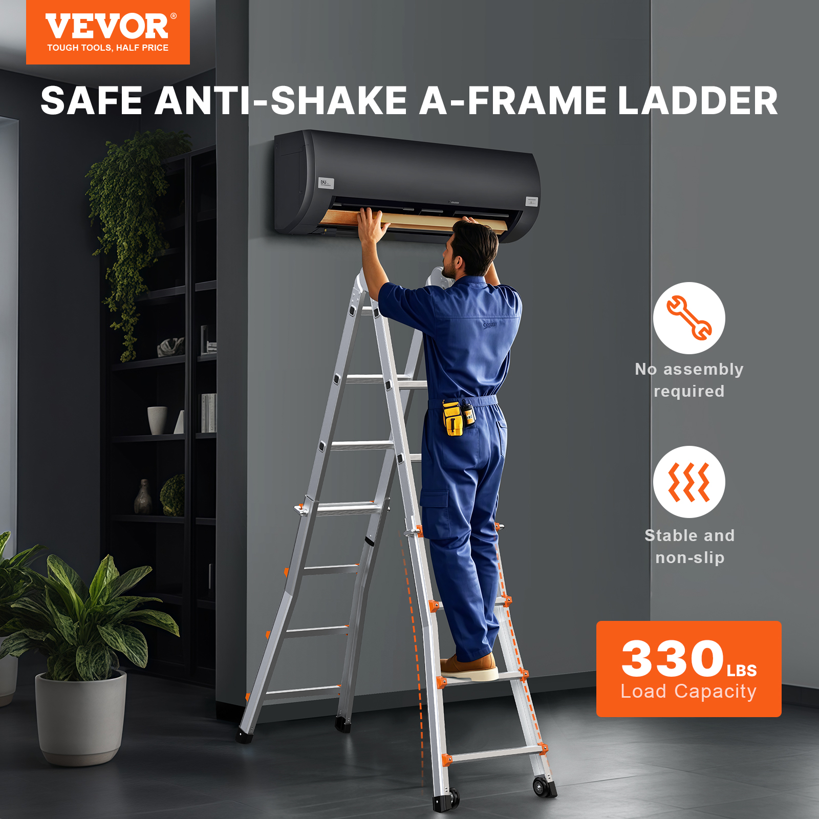 Un técnico parado en una escalera de aluminio repara un aire acondicionado negro en una pared gris.