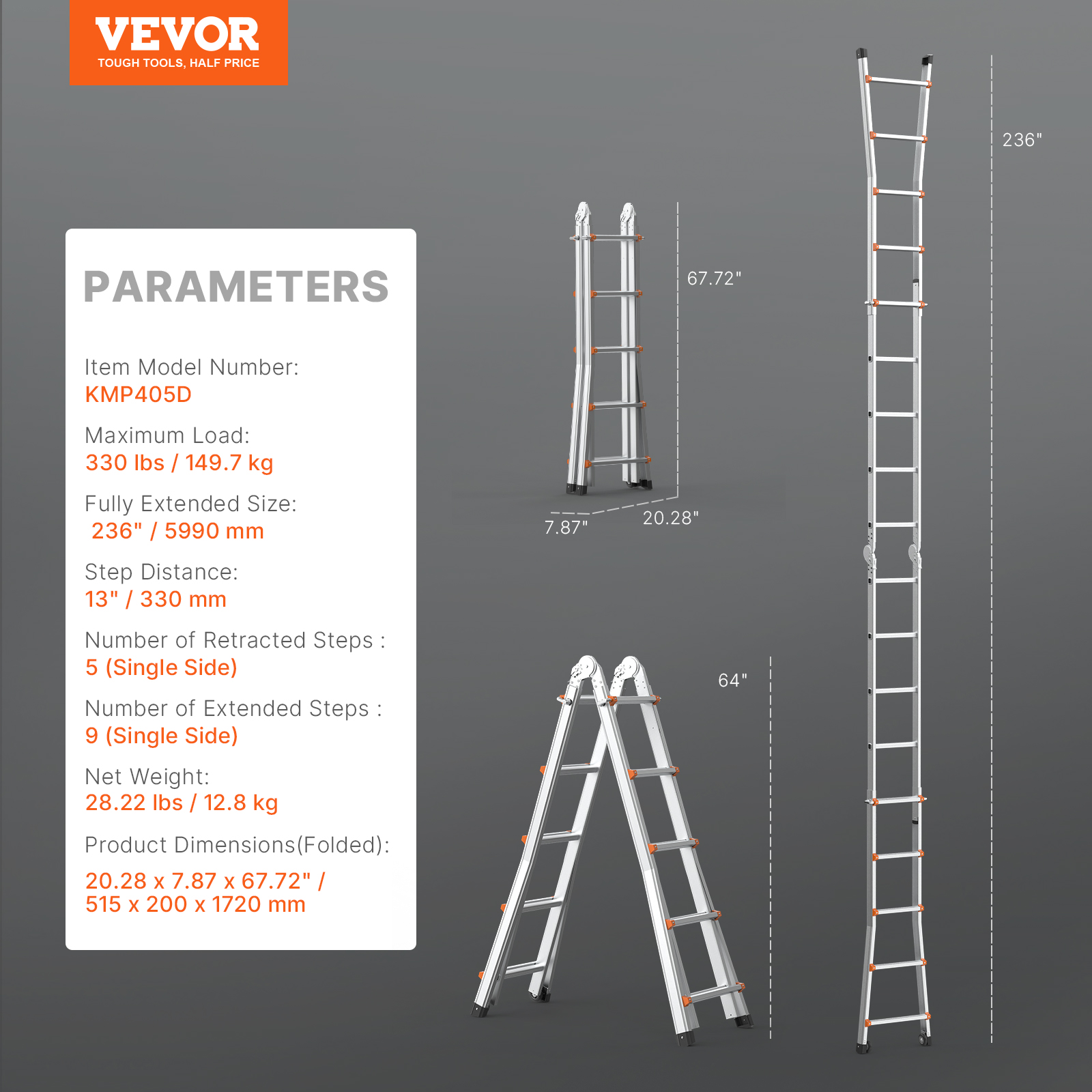 Parámetros técnicos e ilustraciones de una escalera de aluminio plegable en varias posiciones.