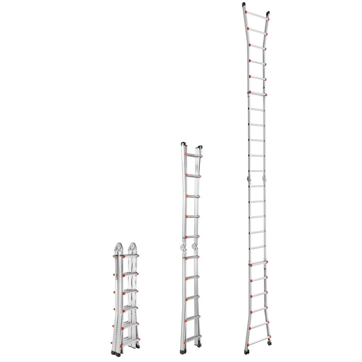 Tres escaleras multiposición de aluminio mostradas a diferentes alturas sobre un fondo blanco.