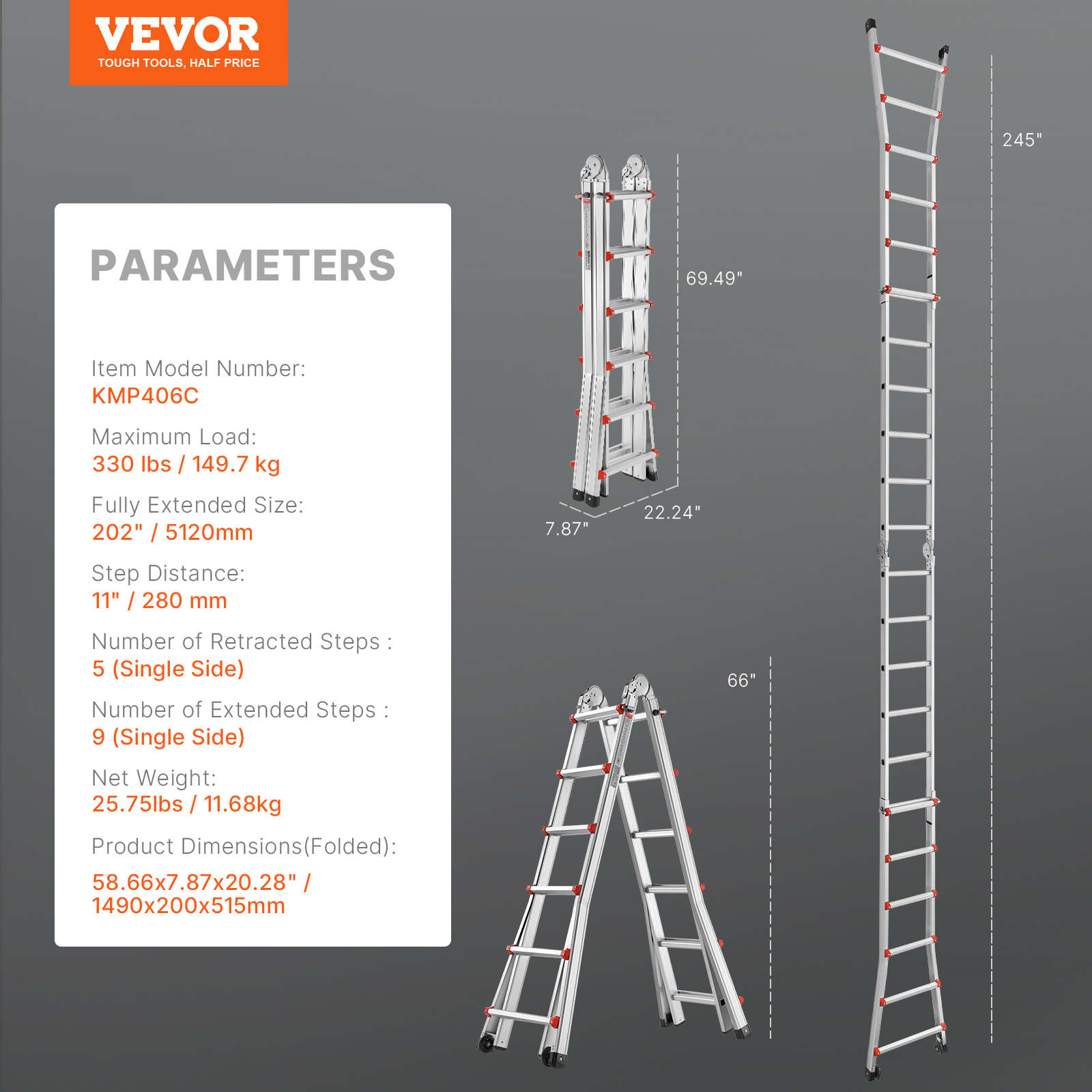 Parámetros del producto y dimensiones de una escalera extensible multipropósito en varias posiciones.