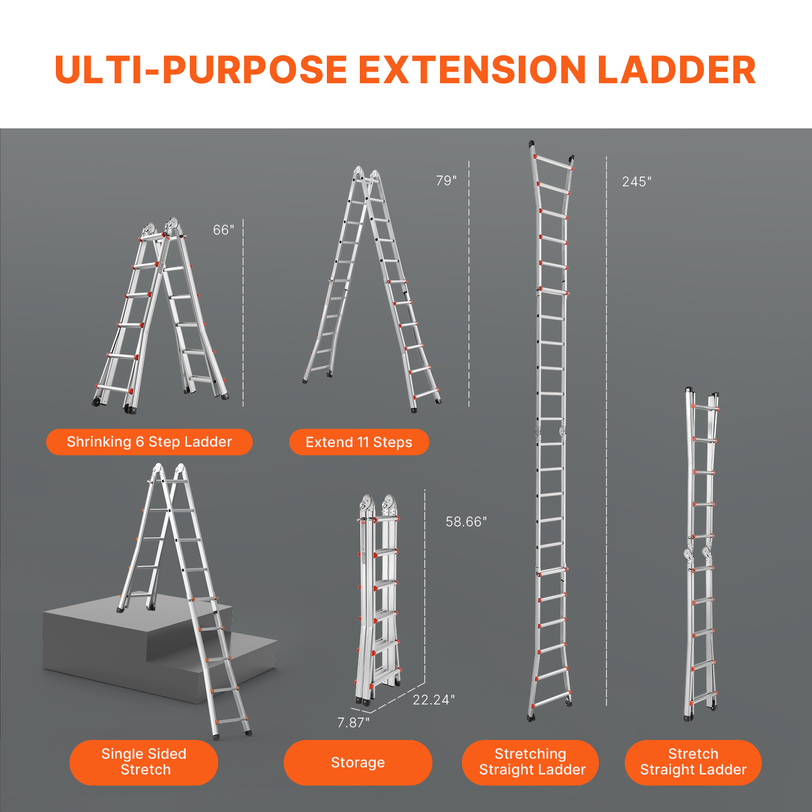 El diagrama muestra varias configuraciones y medidas de una escalera de extensión de aluminio multipropósito.