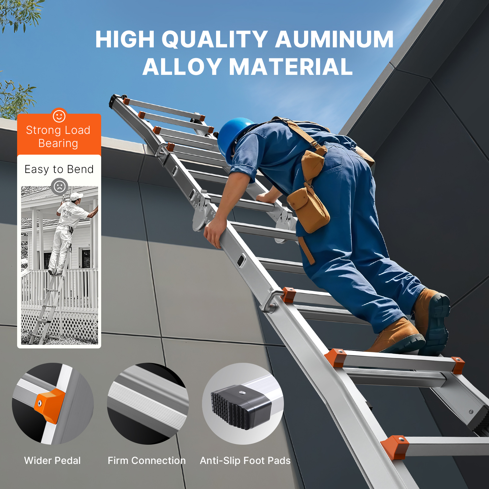 Un trabajador con mono azul sube por una escalera de aluminio contra una pared.