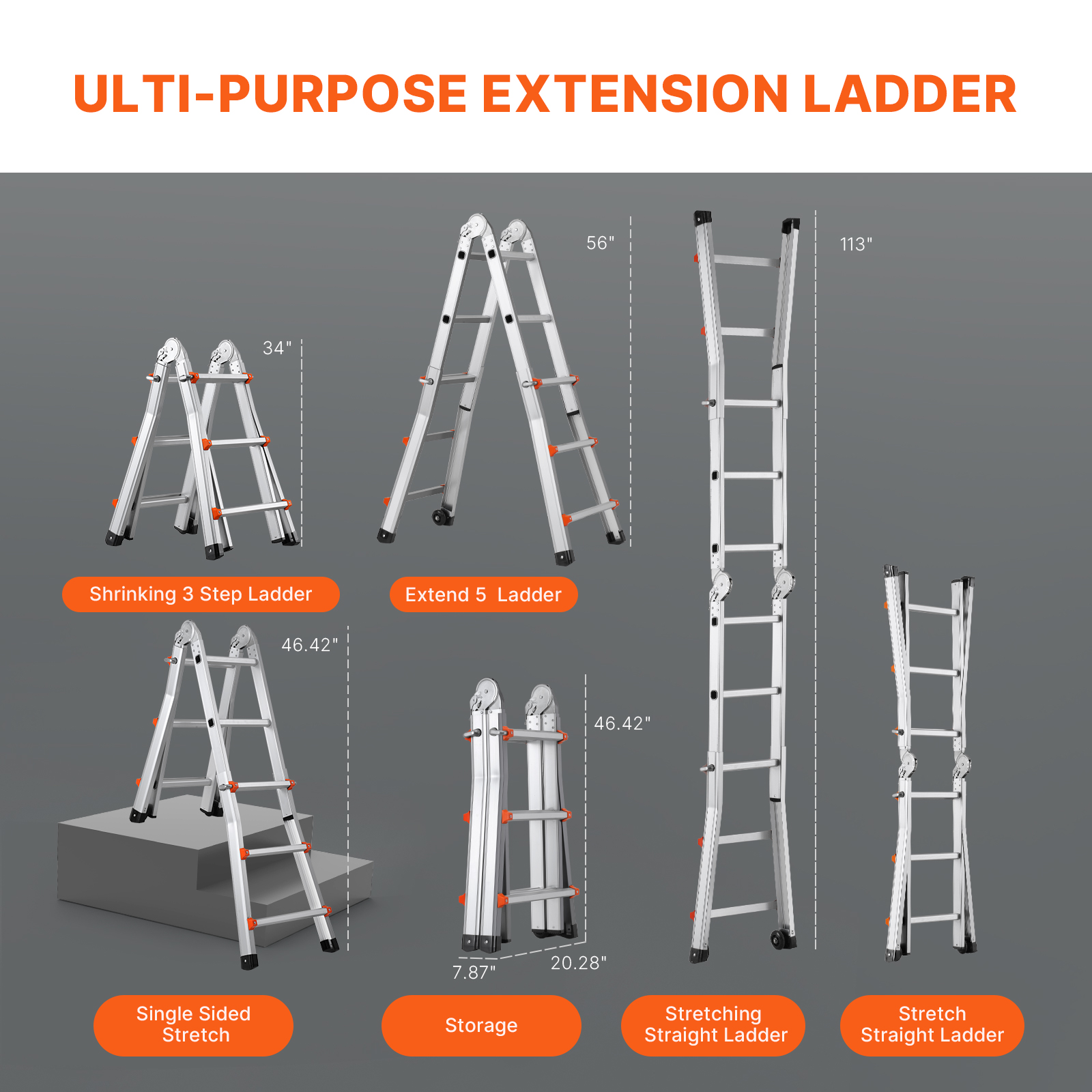 Varias configuraciones y dimensiones de una escalera de aluminio multiusos sobre fondo gris.