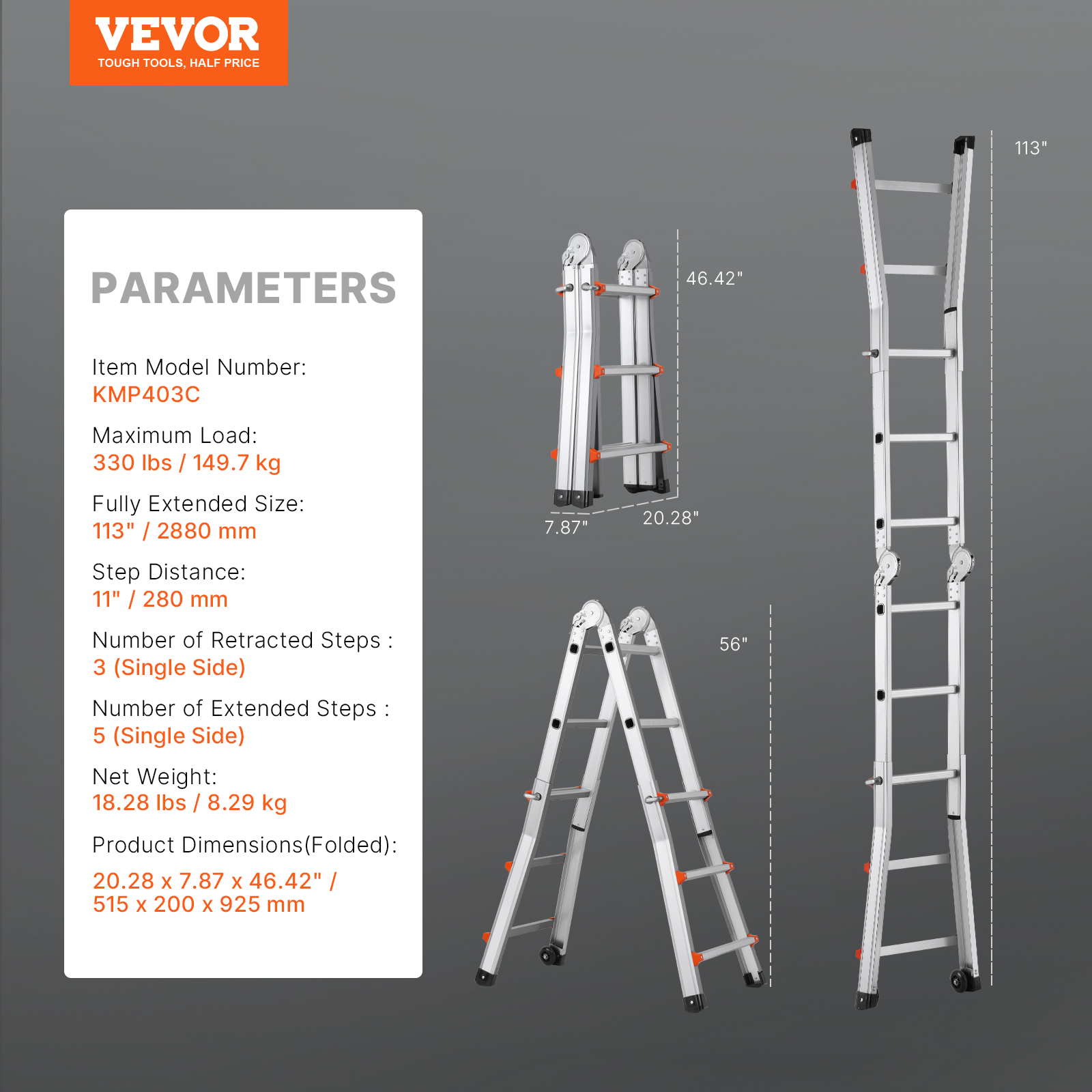 Parámetros técnicos y varias configuraciones de una escalera multipropósito de aluminio sobre un fondo gris.