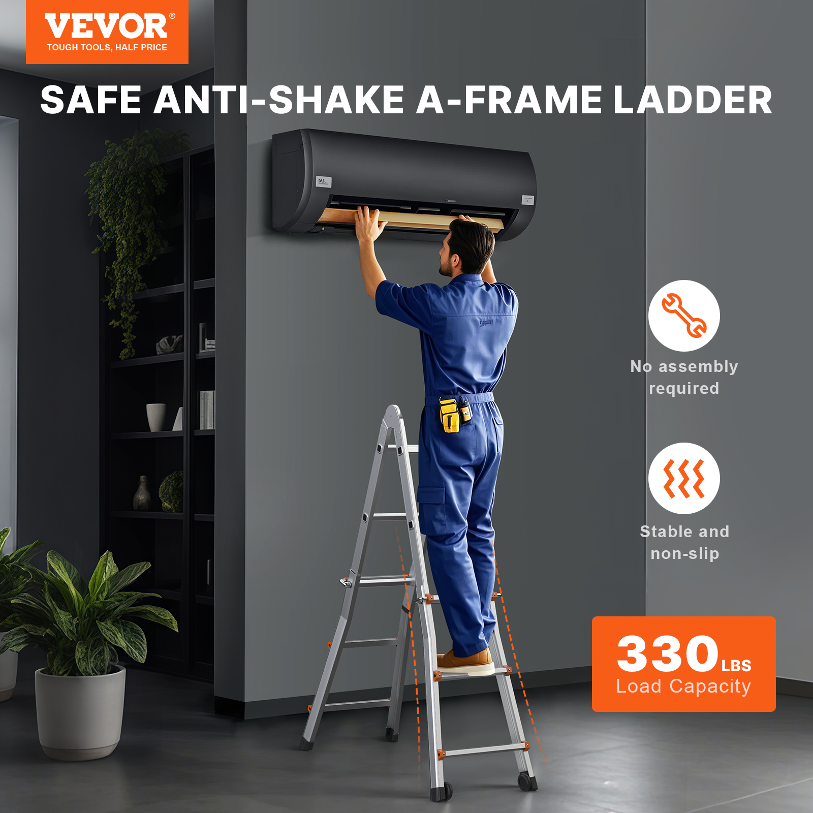 Un trabajador con mameluco azul instalado en una escalera de tijera plateada un aire acondicionado negro en la pared.