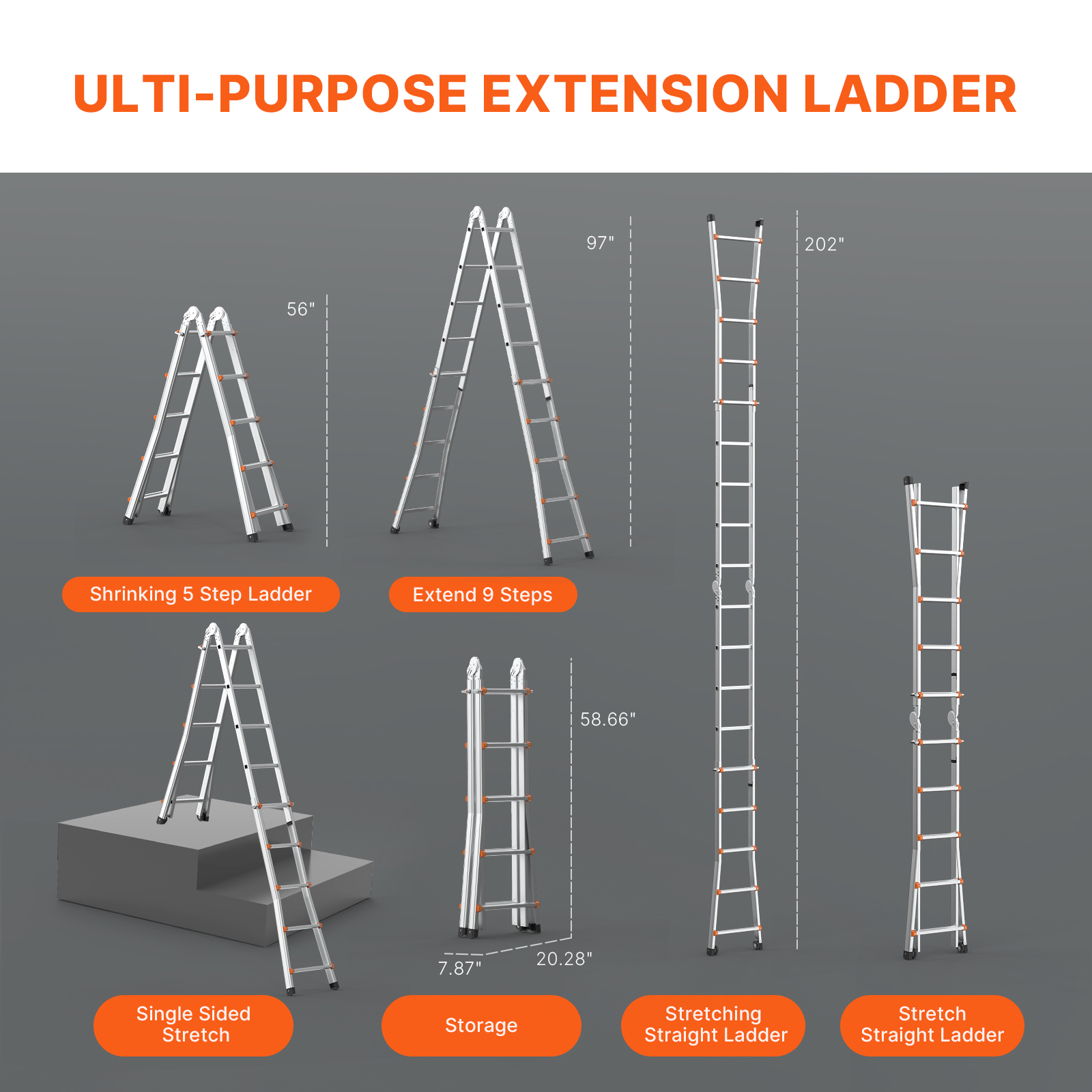 Escalera de extensión multipropósito mostrada en varias configuraciones y tamaños.