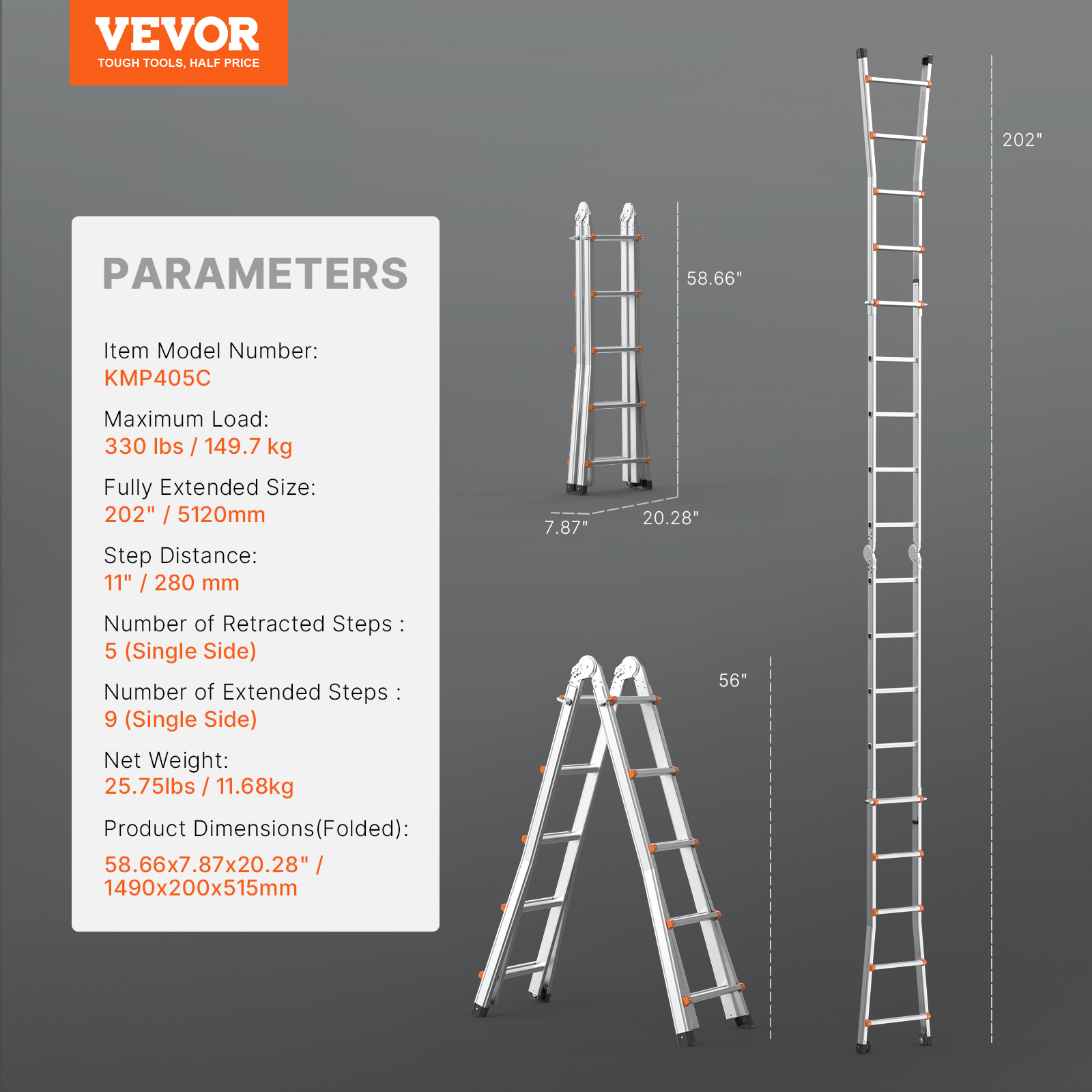 Diagrama de una escalera de aluminio VEVOR modelo KMP405C con dimensiones y parámetros técnicos sobre fondo gris.
