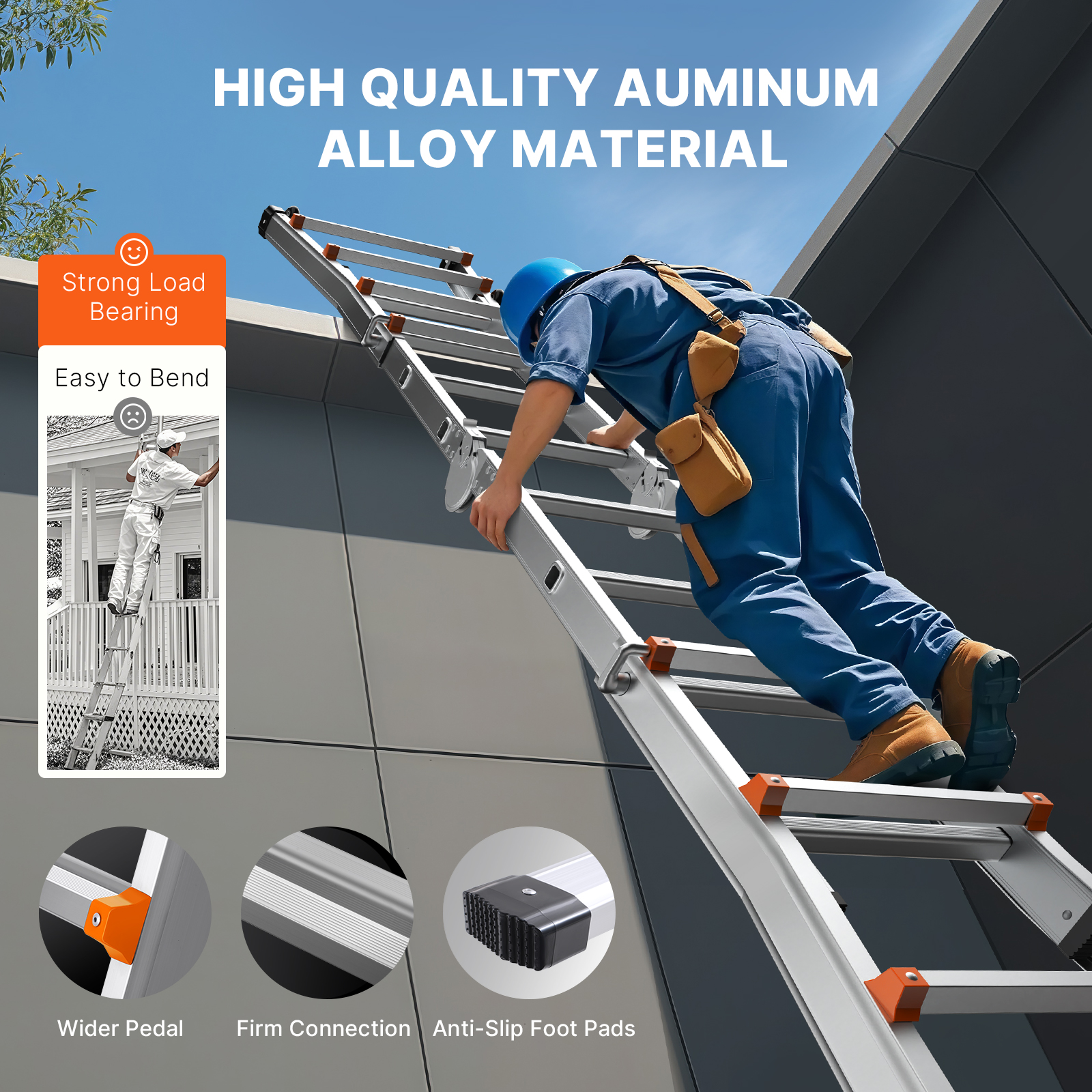 Un trabajador con uniforme azul y casco sube por una escalera de aluminio.