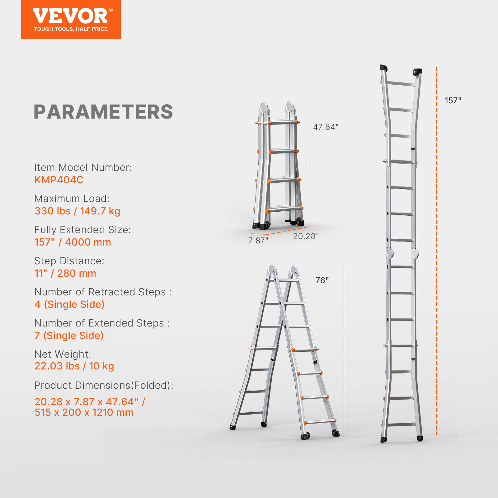 Diagrama muestra la escalera de aluminio Vevor KMP404C en varias posiciones con medidas.