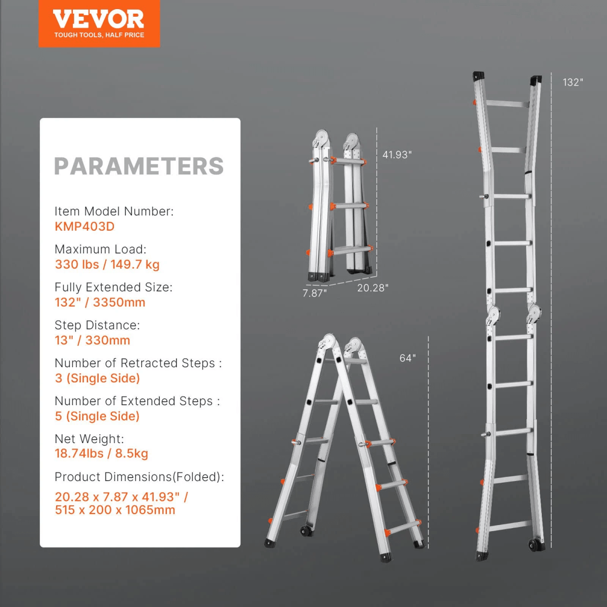 Diagrama muestra parámetros de escalera de aluminio Vevor con vistas plegadas, en A y extendidas y medidas.