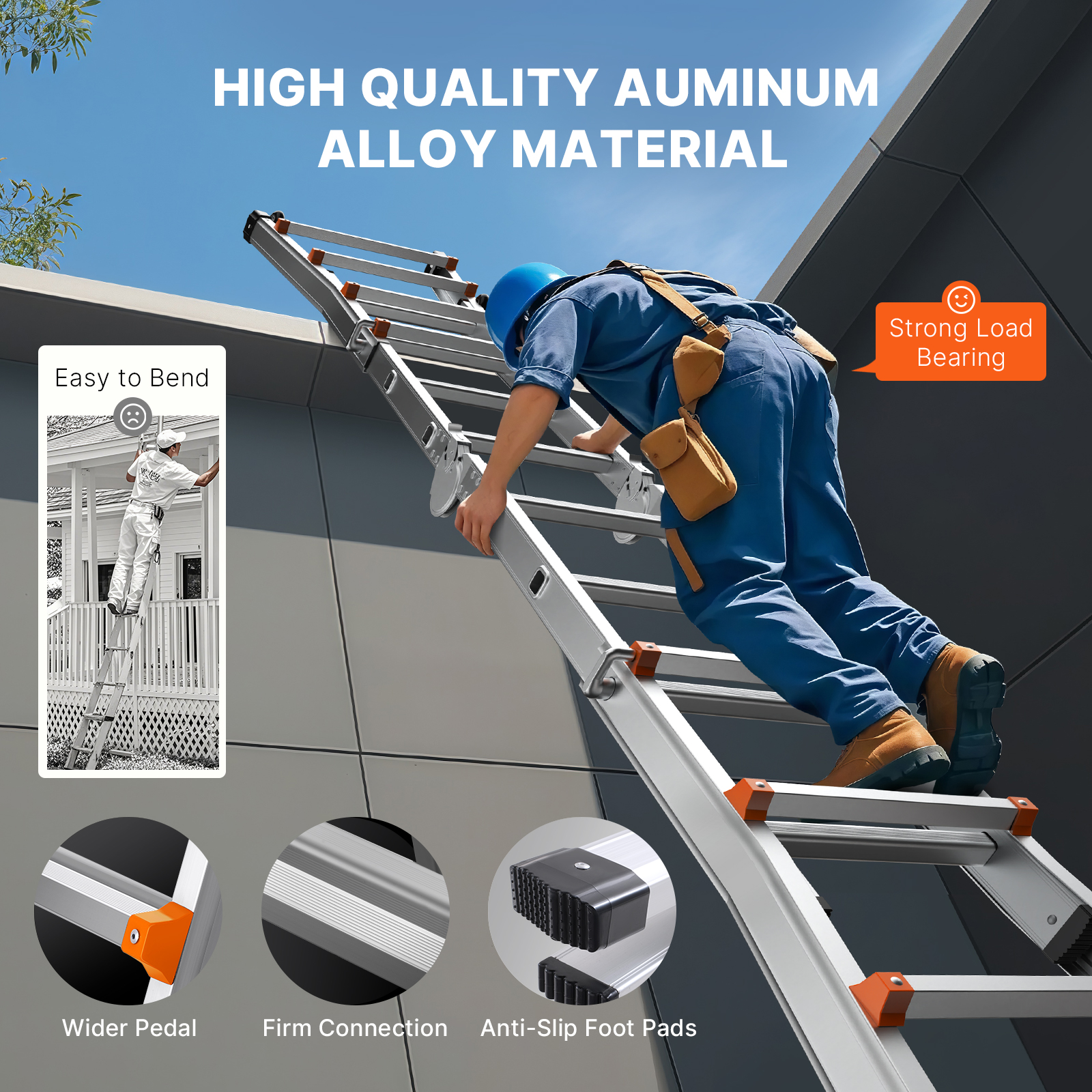 Un trabajador con ropa azul sube por una escalera de aluminio resistente en una pared.