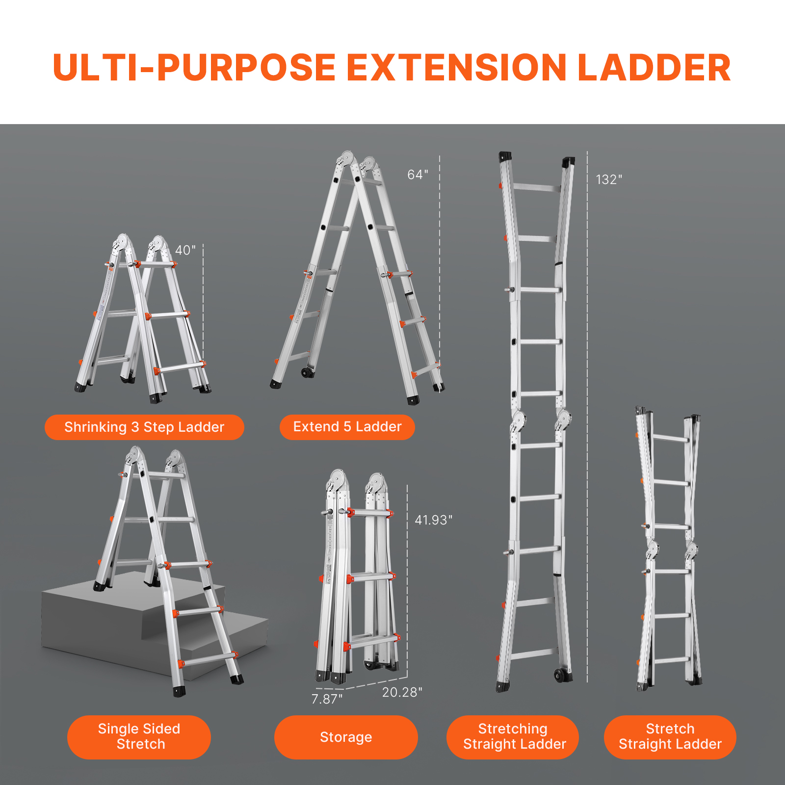 Varias configuraciones y dimensiones de una escalera de extensión multiusos.
