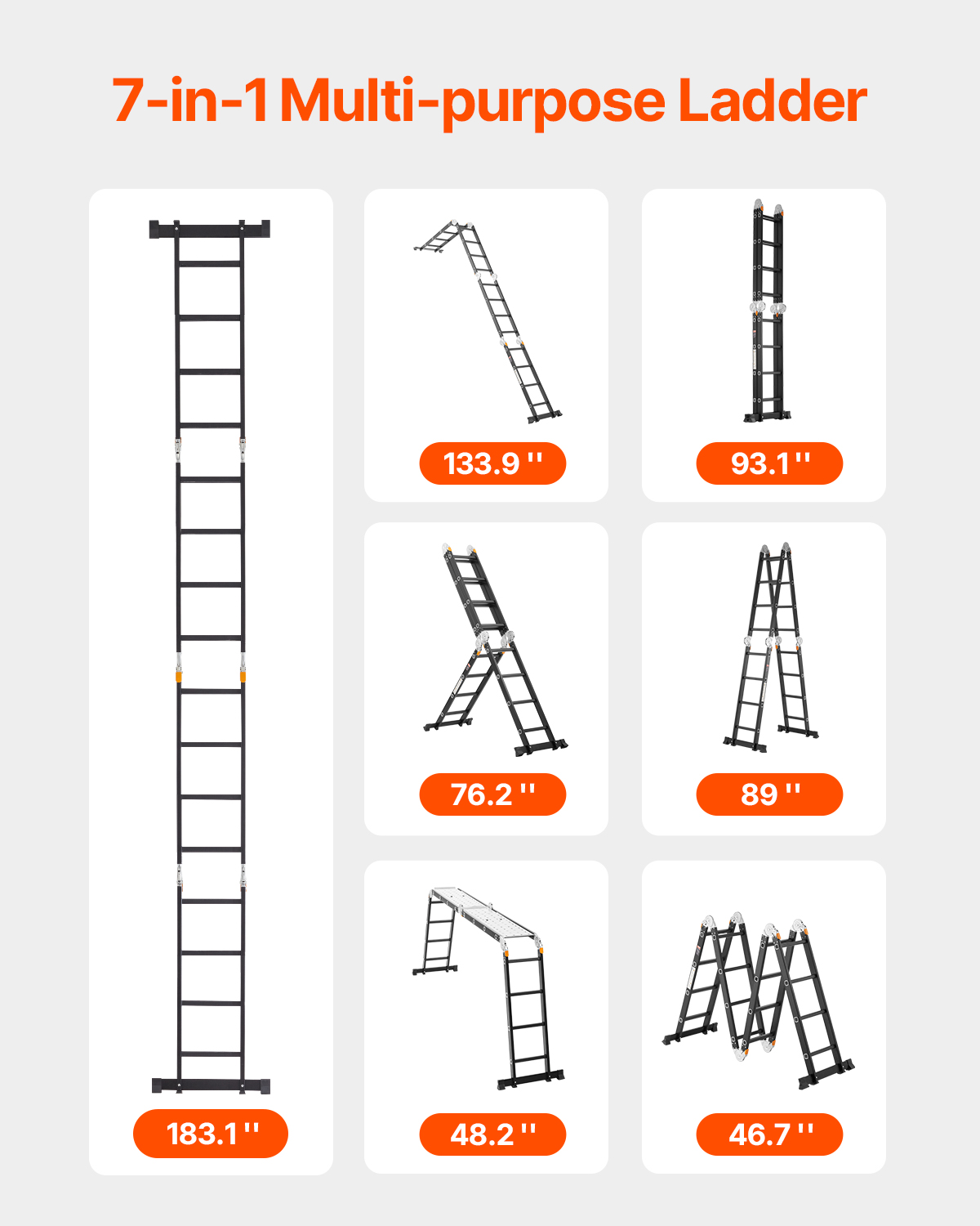 Infografía que muestra una escalera multiusos negra 7 en 1 en varias configuraciones y longitudes.