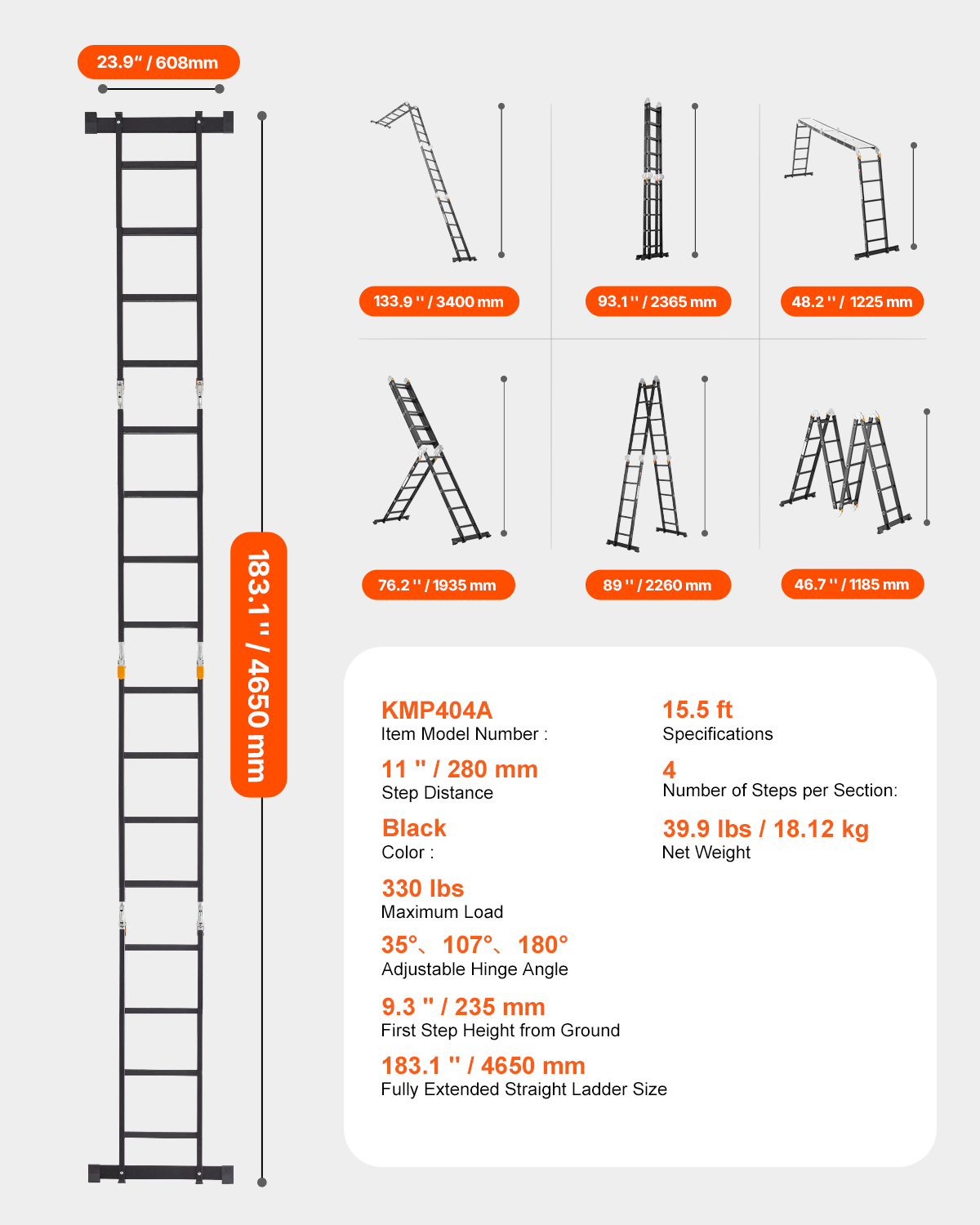 Diagrama técnico que muestra dimensiones y configuraciones de una escalera multiusos negra con especificaciones.