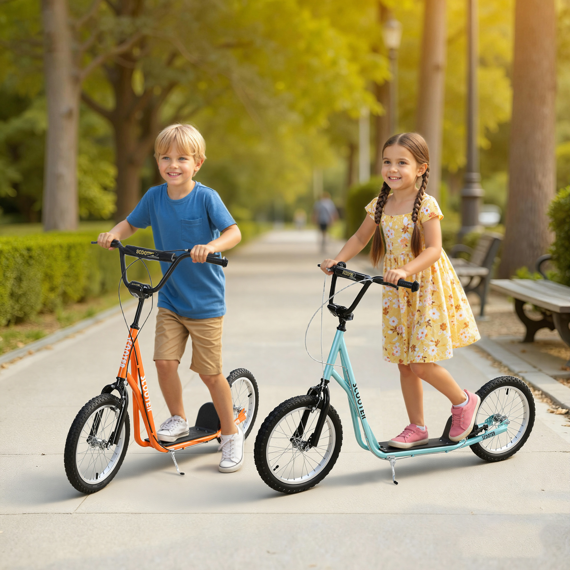 Un niño y una niña montan en patinete por un sendero soleado de un parque.