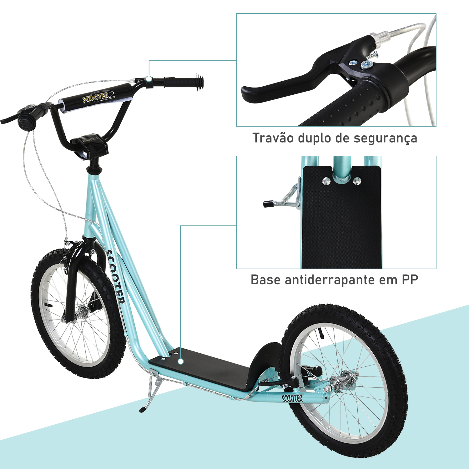 Patinete azul claro para niños con ruedas de radios, plataforma negra y detalles de freno y base.