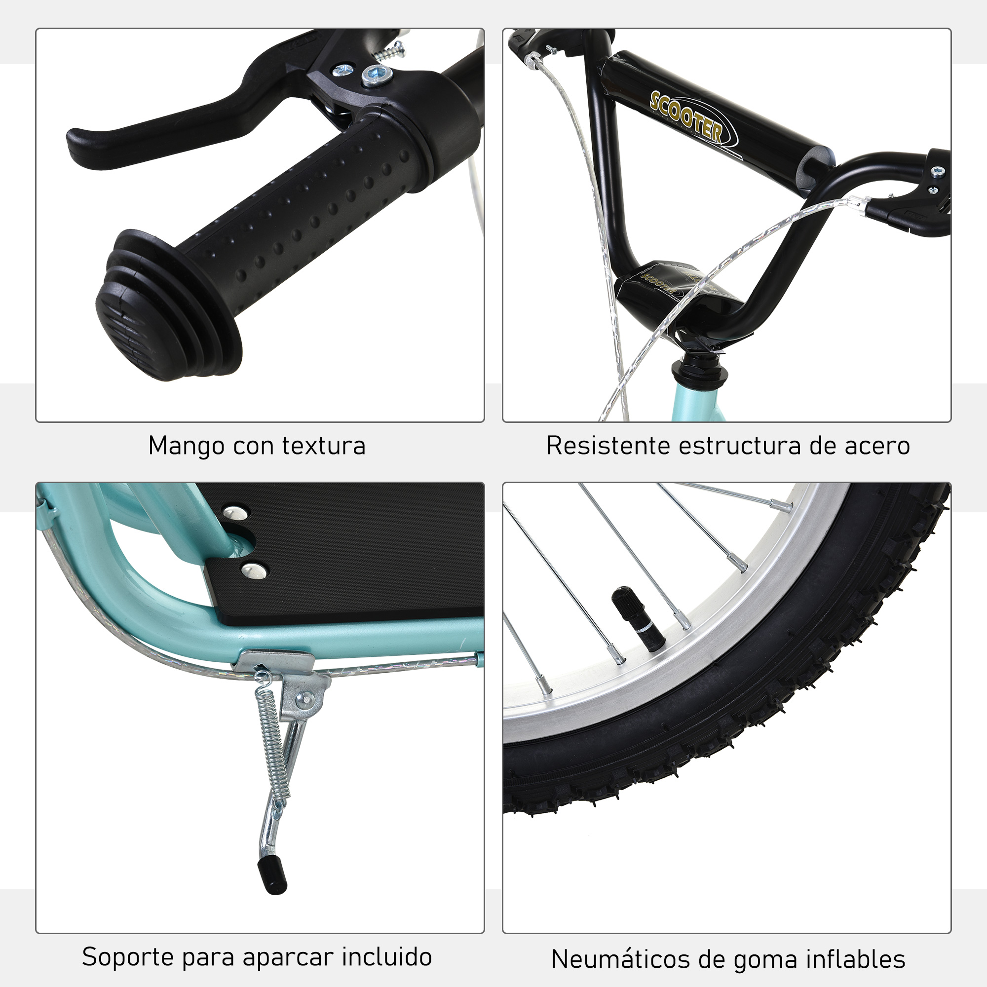 Cuatro detalles de un patinete con mango texturizado, estructura de acero, soporte y neumáticos.